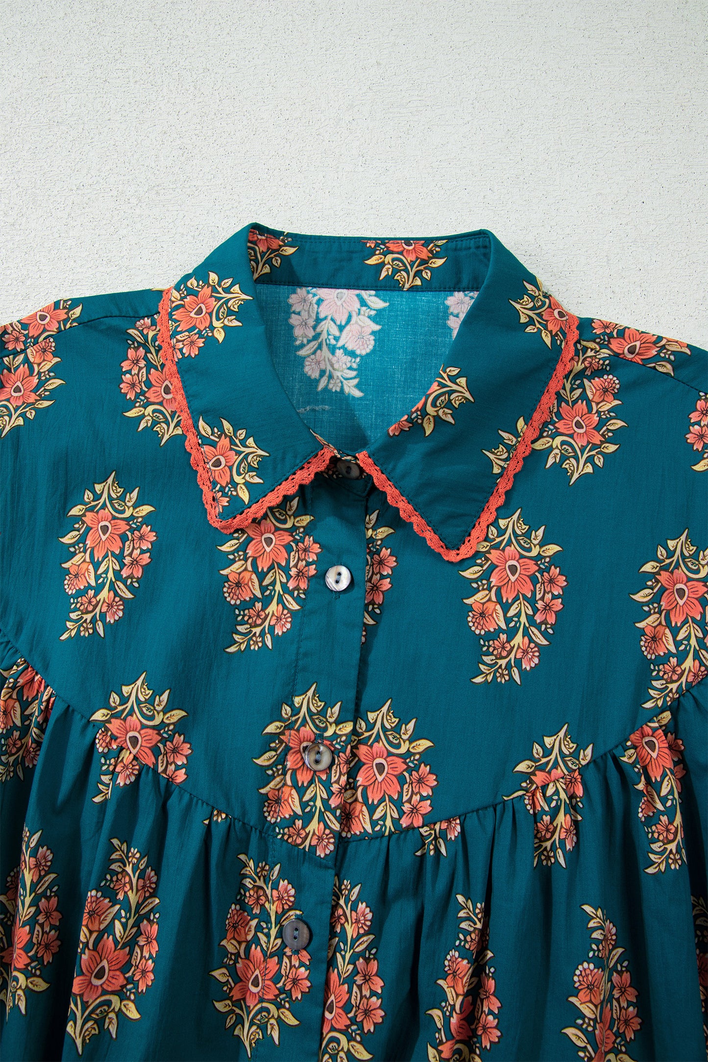 Green Plus Size Floral Print Contrast Lacy Trim Pleated Loose Shirt-Plus Size/Plus Size Tops/Plus Size Blouses & Shirts-[Adult]-[Female]-2022 Online Blue Zone Planet