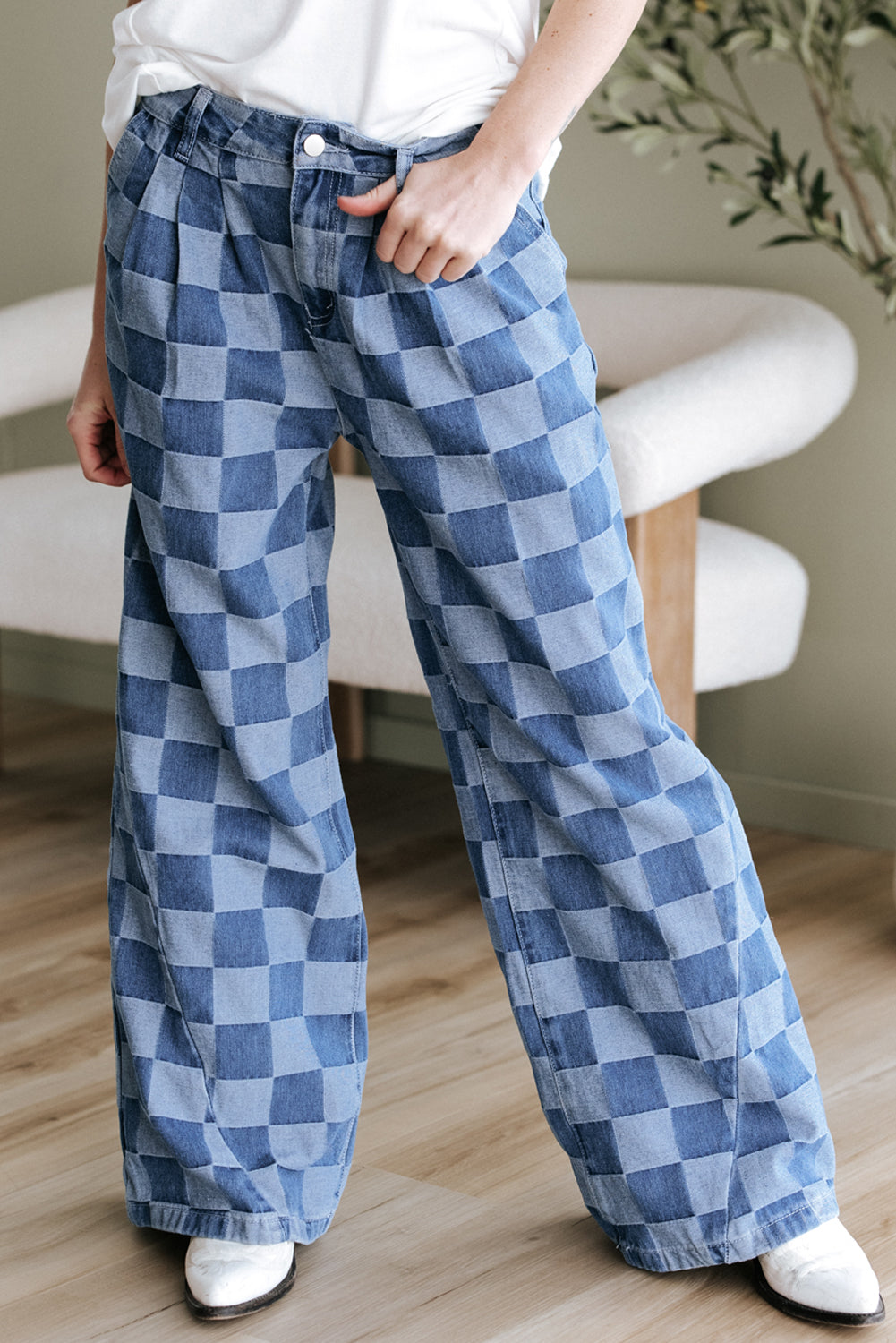 Blue Zone Planet | Dusk Blue Checkered Denim Wide Leg Jeans-Bottoms/Jeans-[Adult]-[Female]-2022 Online Blue Zone Planet