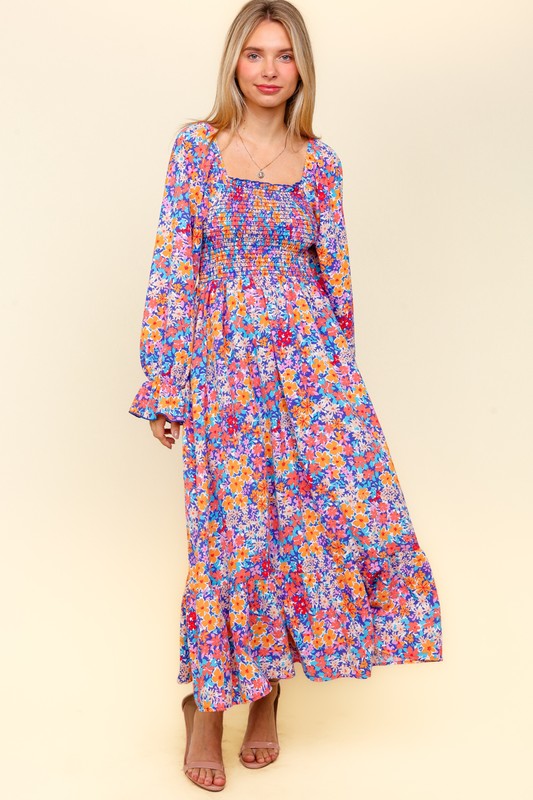 Haptics Smocked Floral Square Neck Flounce Sleeve Dress-TOPS / DRESSES-[Adult]-[Female]-2022 Online Blue Zone Planet