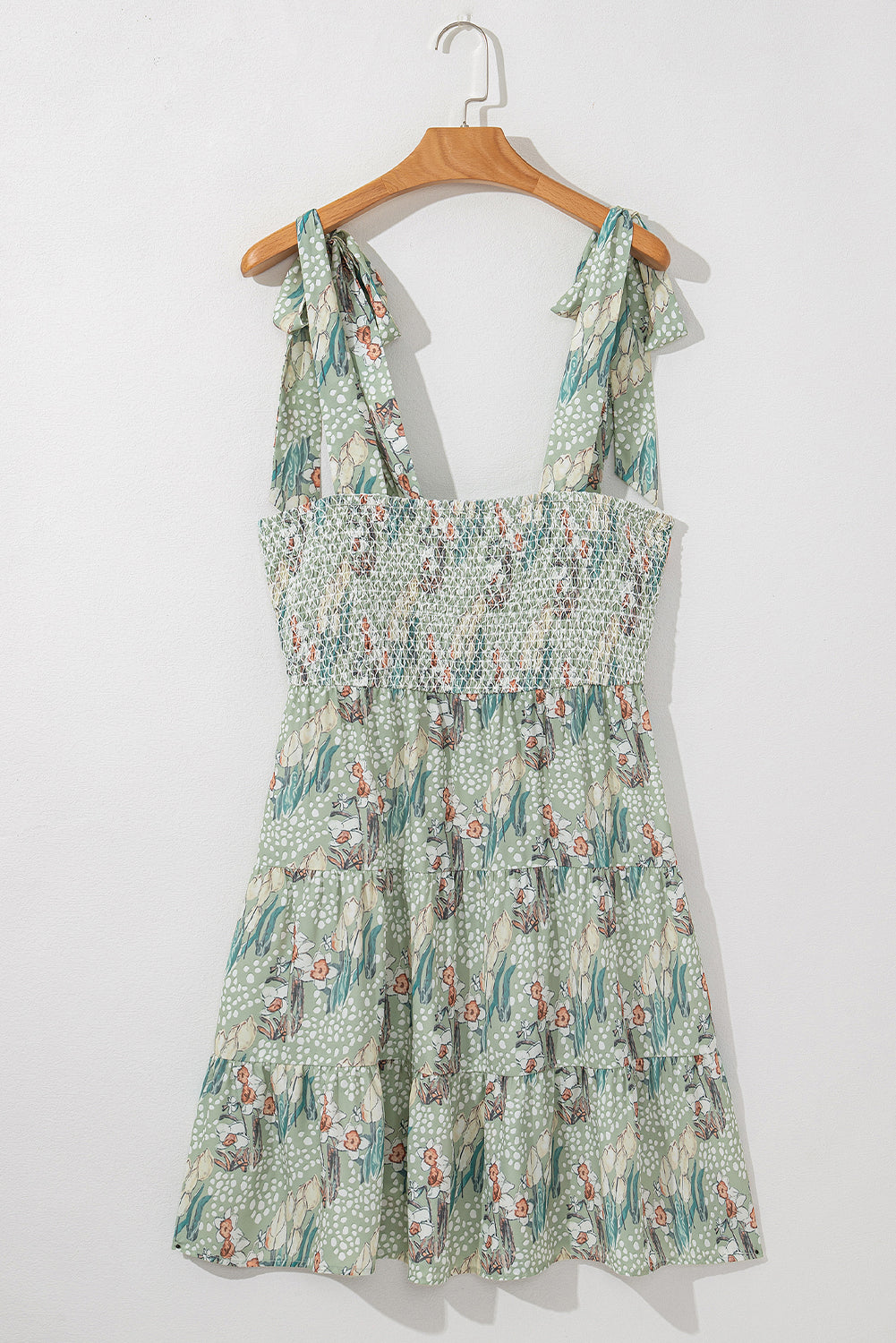 Gray Floral Knotted Strap Smocked Tiered Ruffle Mini Dress-TOPS / DRESSES-[Adult]-[Female]-2022 Online Blue Zone Planet