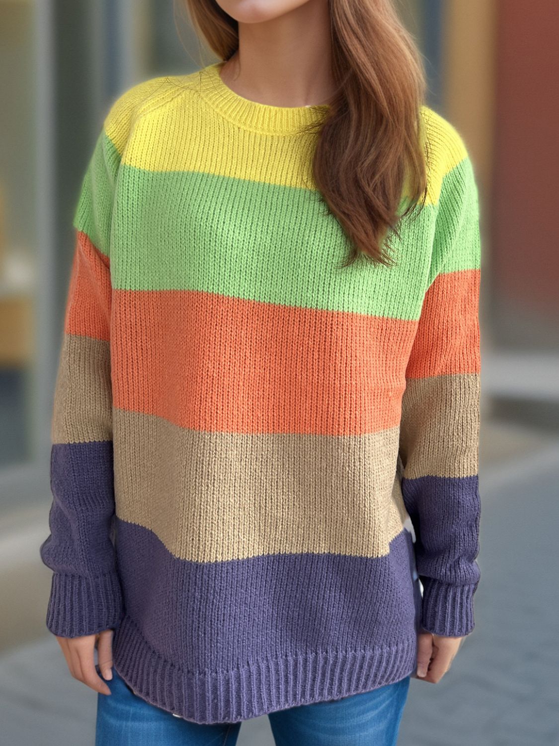 Blue Zone Planet | Color Block Round Neck Long Sleeve Sweater-TOPS / DRESSES-[Adult]-[Female]-2022 Online Blue Zone Planet