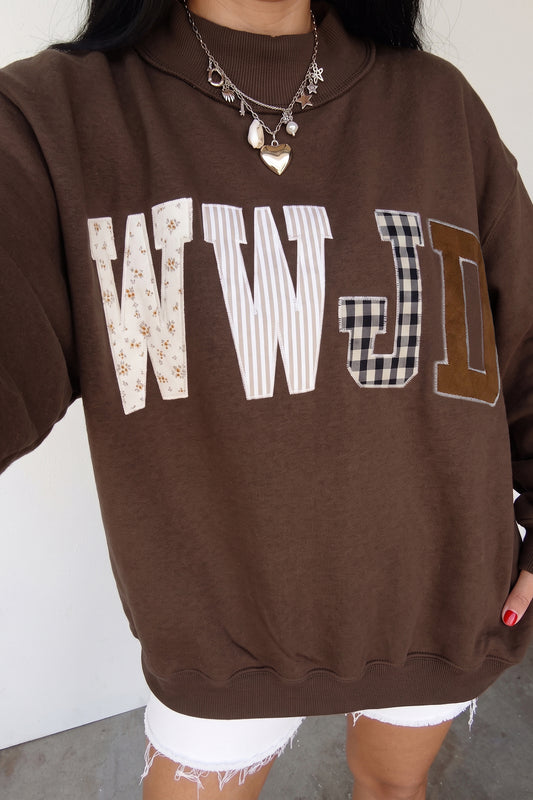 Coffee WWJD Mixed Pattern Embroidered Patch Graphic Mock Neck Sweatshirt-Tops/Sweatshirts & Hoodies-[Adult]-[Female]-Coffee-S-2022 Online Blue Zone Planet