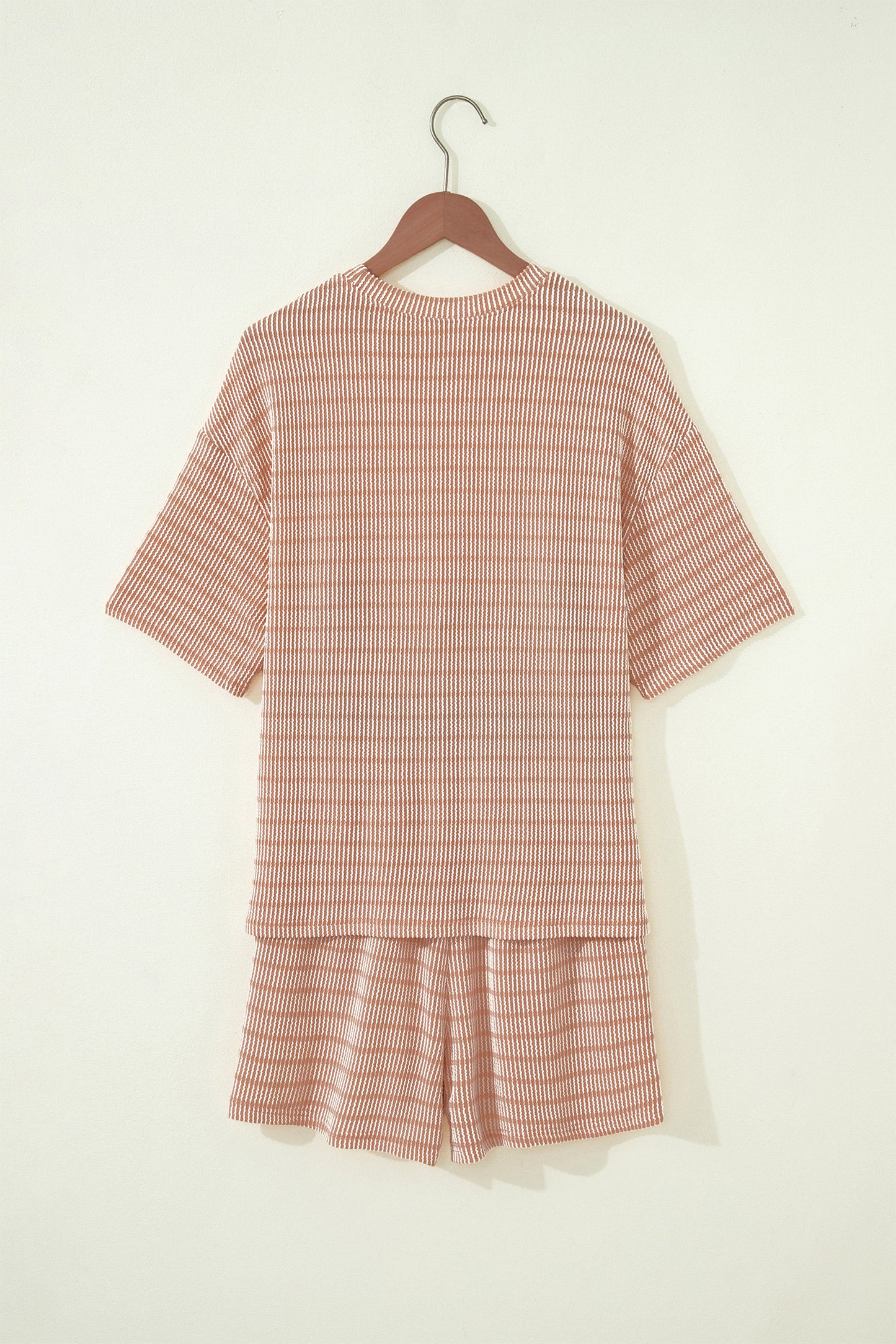 Rose Stripe Raised Rib Loose Tee Drawstring Elastic Waist 2pcs Short Set-Two Piece Sets/Short Sets-[Adult]-[Female]-2022 Online Blue Zone Planet