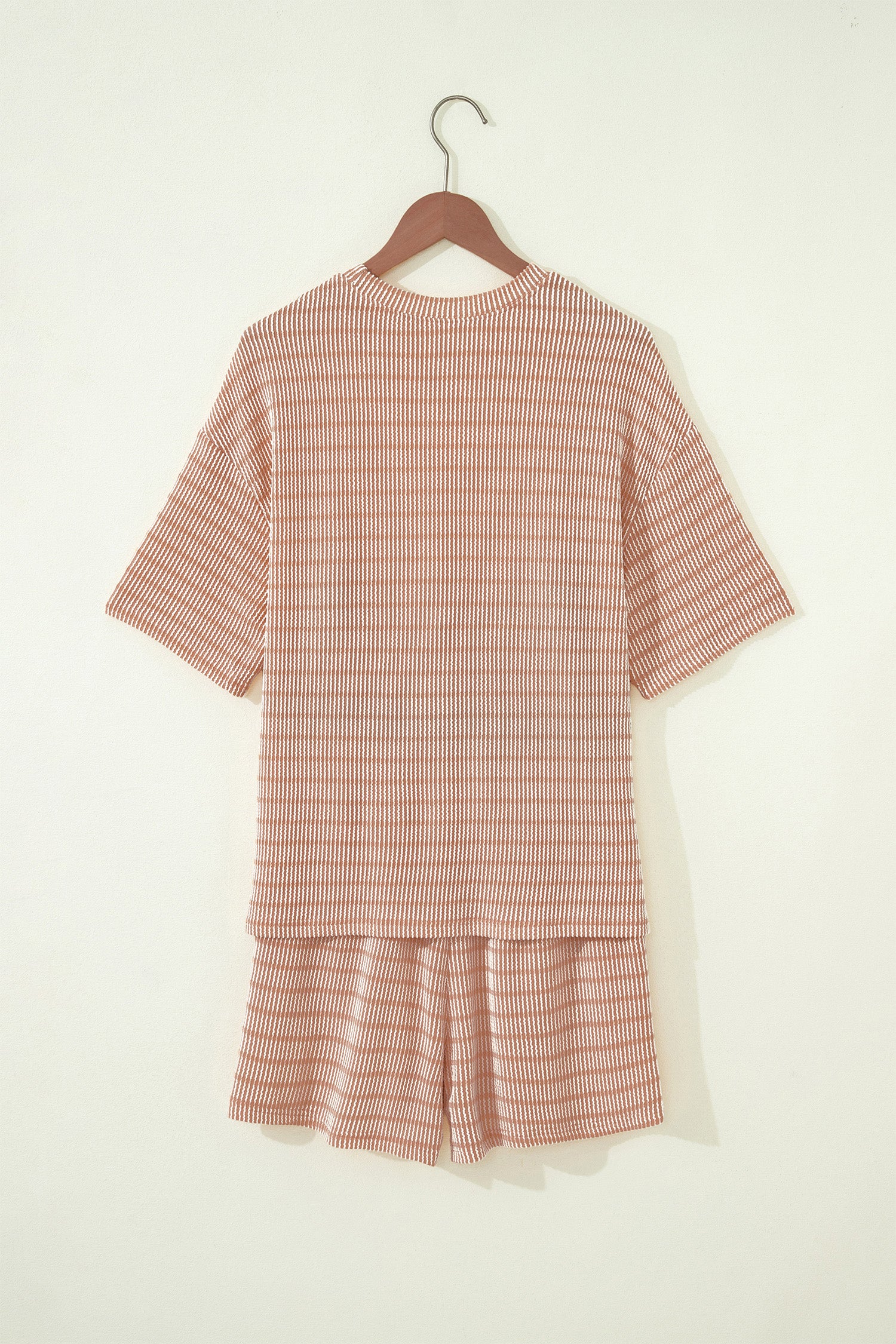 Rose Stripe Raised Rib Loose Tee Drawstring Elastic Waist 2pcs Short Set-Two Piece Sets/Short Sets-[Adult]-[Female]-2022 Online Blue Zone Planet