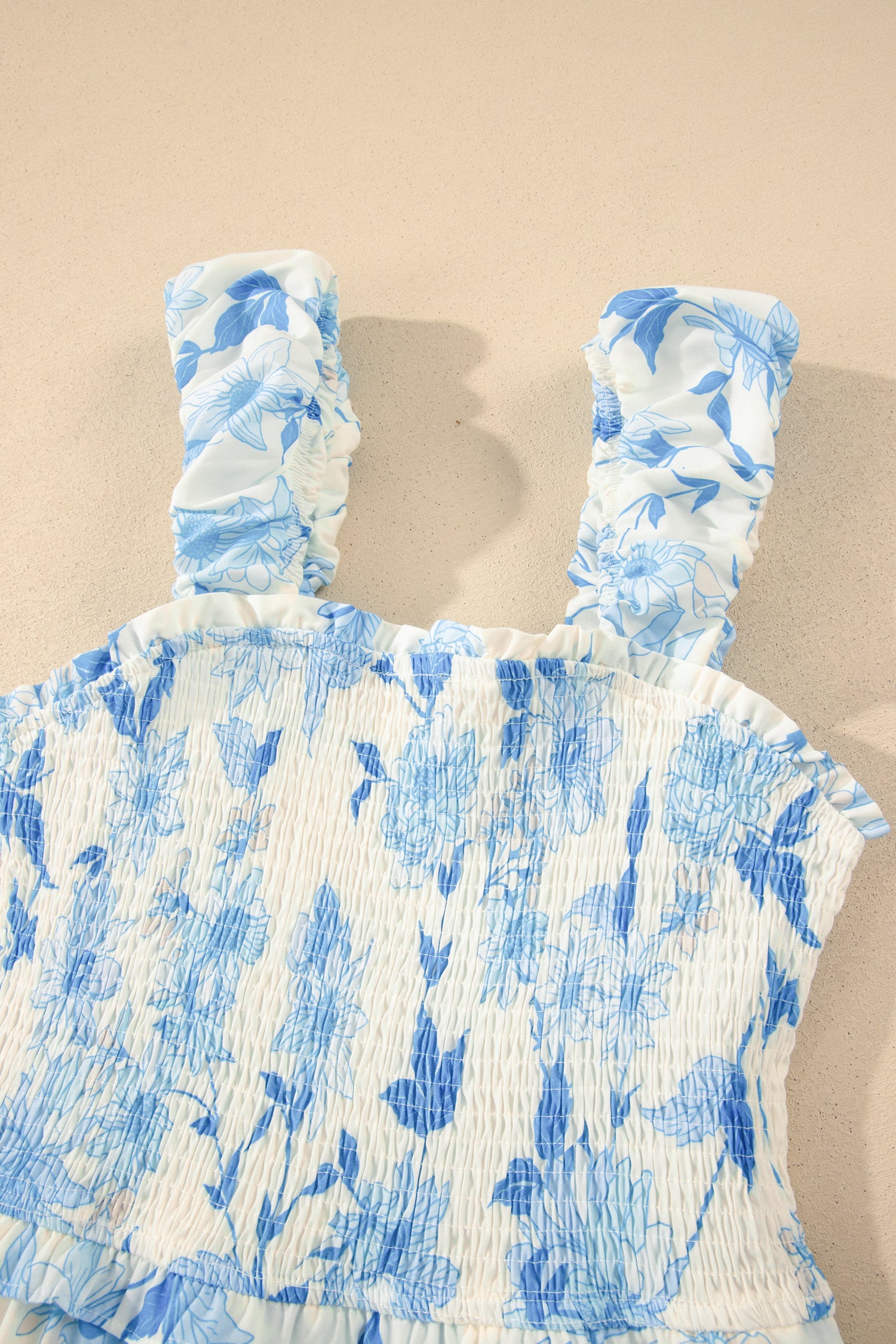 Sky Blue Ruffled Straps Smocked High Waist Floral Maxi Dress-TOPS / DRESSES-[Adult]-[Female]-2022 Online Blue Zone Planet