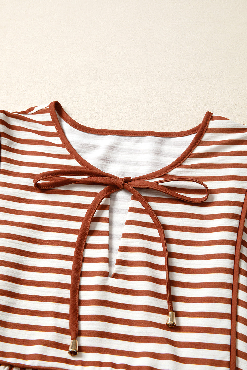 Brown Stripe Babydoll Long Sleeve Blouse-Tops/Blouses & Shirts-[Adult]-[Female]-2022 Online Blue Zone Planet