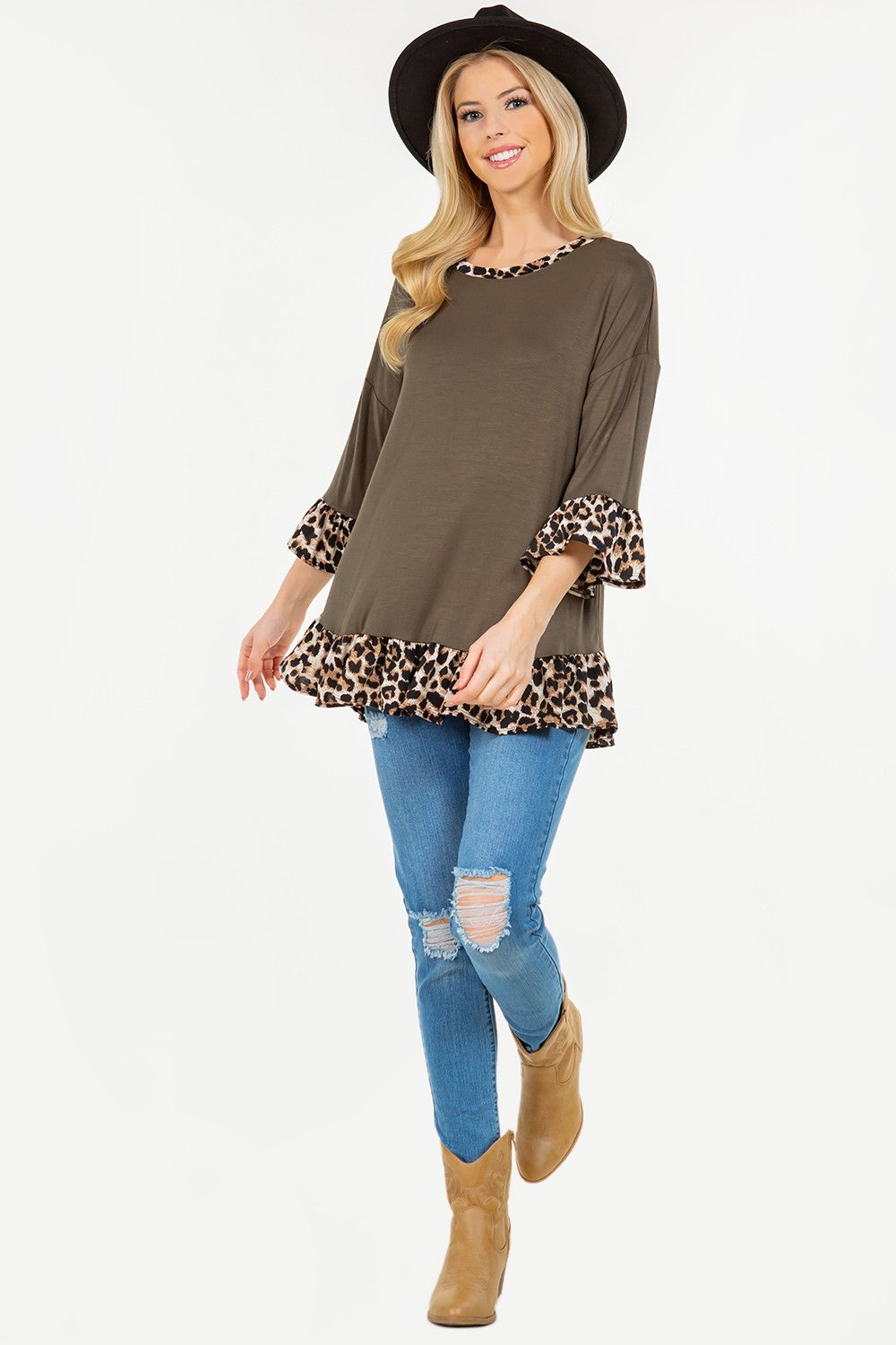 Celeste Full Size Flounce Sleeve Leopard Trim Top-TOPS / DRESSES-[Adult]-[Female]-2022 Online Blue Zone Planet