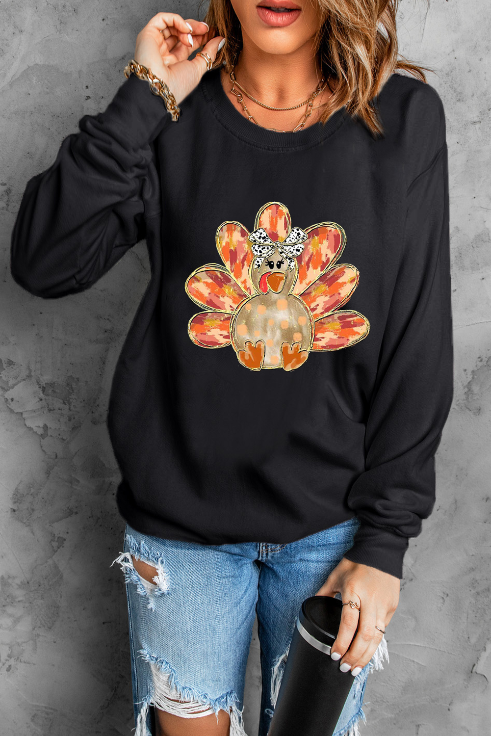 Black Thanksgiving Turkey Graphic Drop Shoulder Sweatshirt-Graphic/Graphic Sweatshirts-[Adult]-[Female]-2022 Online Blue Zone Planet