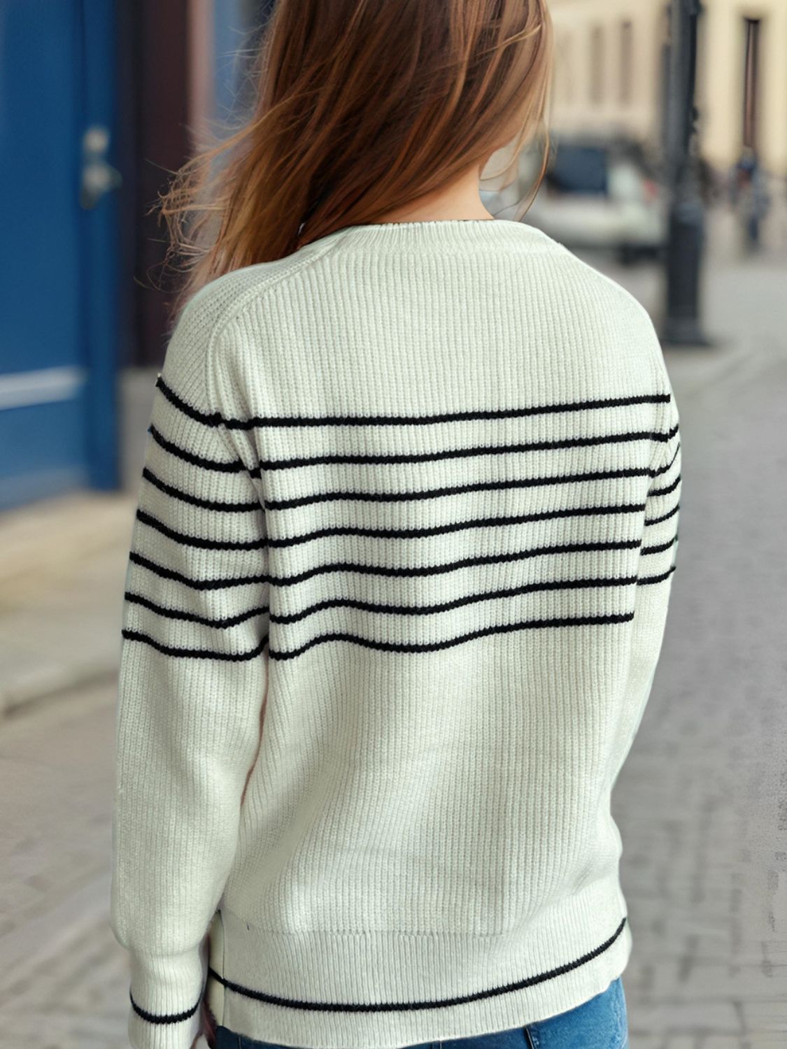 Striped Round Neck Long Sleeve Sweater-TOPS / DRESSES-[Adult]-[Female]-2022 Online Blue Zone Planet