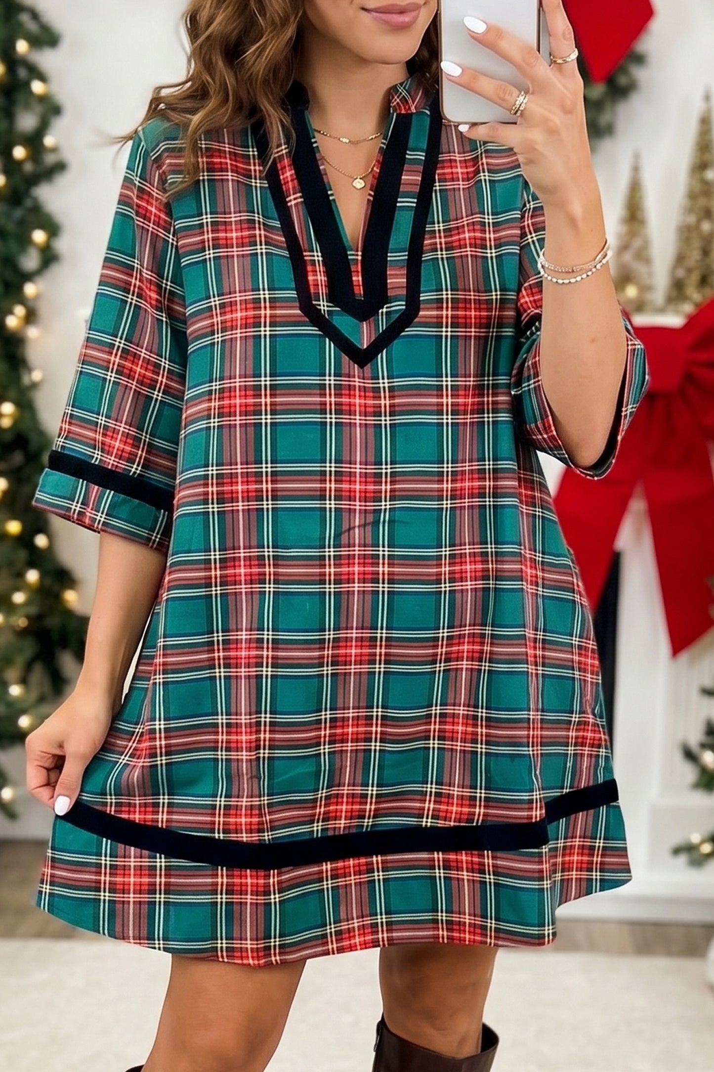 Green Plaid Velvet Trim Pockets Short Shift Dress-TOPS / DRESSES-[Adult]-[Female]-2022 Online Blue Zone Planet