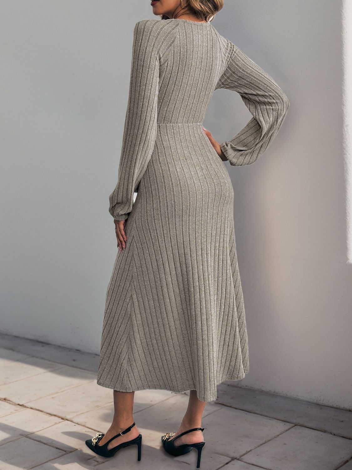 Perfee Ribbed Tied Surplice Long Sleeve Dress-TOPS / DRESSES-[Adult]-[Female]-2022 Online Blue Zone Planet