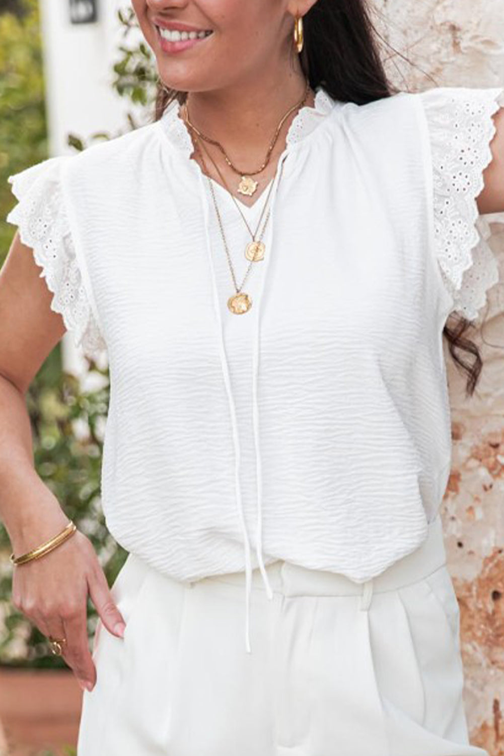 White Embroidered Ruffle Trim Textured Blouse-Tops/Blouses & Shirts-[Adult]-[Female]-2022 Online Blue Zone Planet