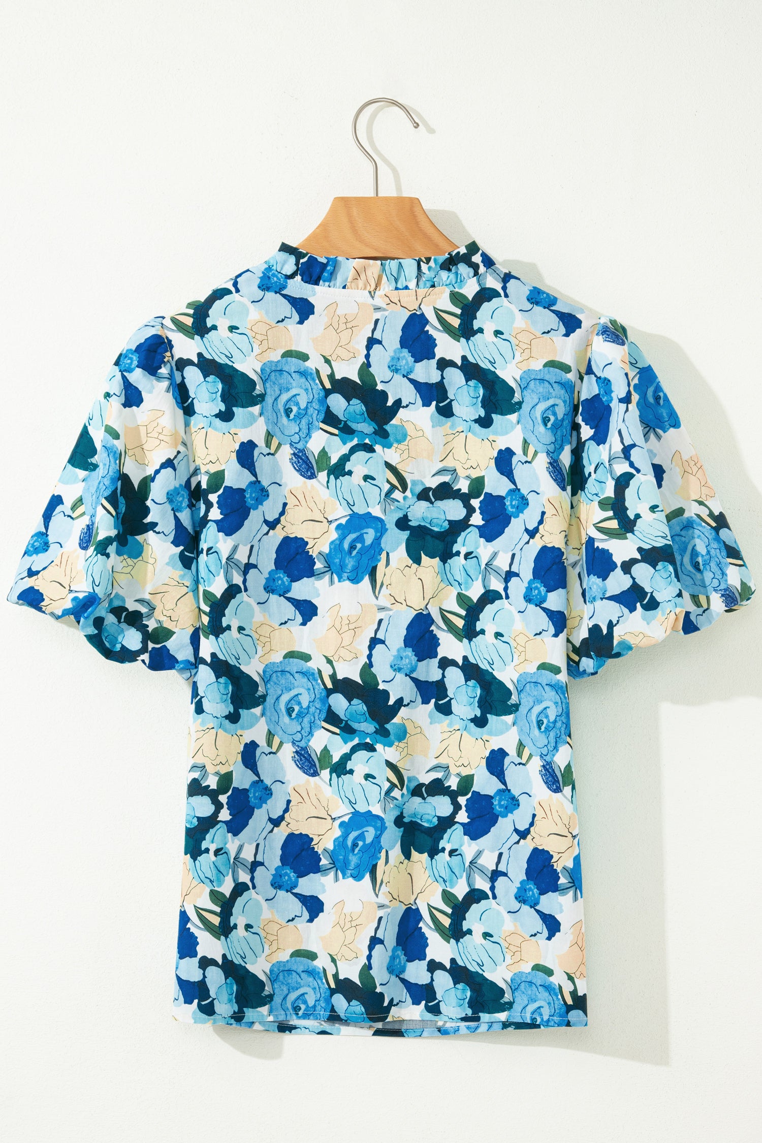 Sky Blue Floral Print Short Puff Sleeve V Neck Blouse-Tops/Blouses & Shirts-[Adult]-[Female]-2022 Online Blue Zone Planet