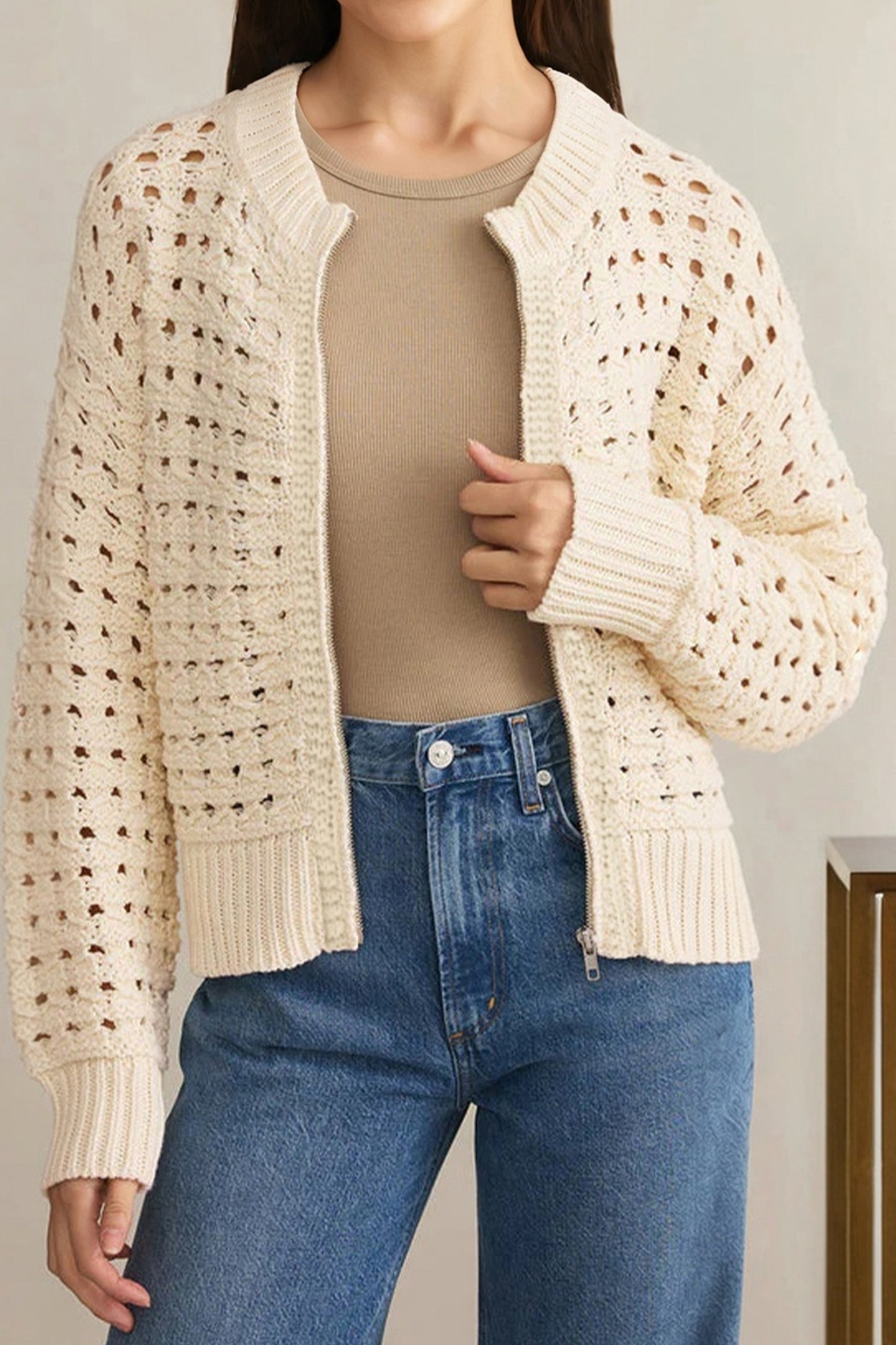 Beige Hollowed Pattern Knit Zip Up Drop Shoulder Sweater Cardigan-TOPS / DRESSES-[Adult]-[Female]-2022 Online Blue Zone Planet