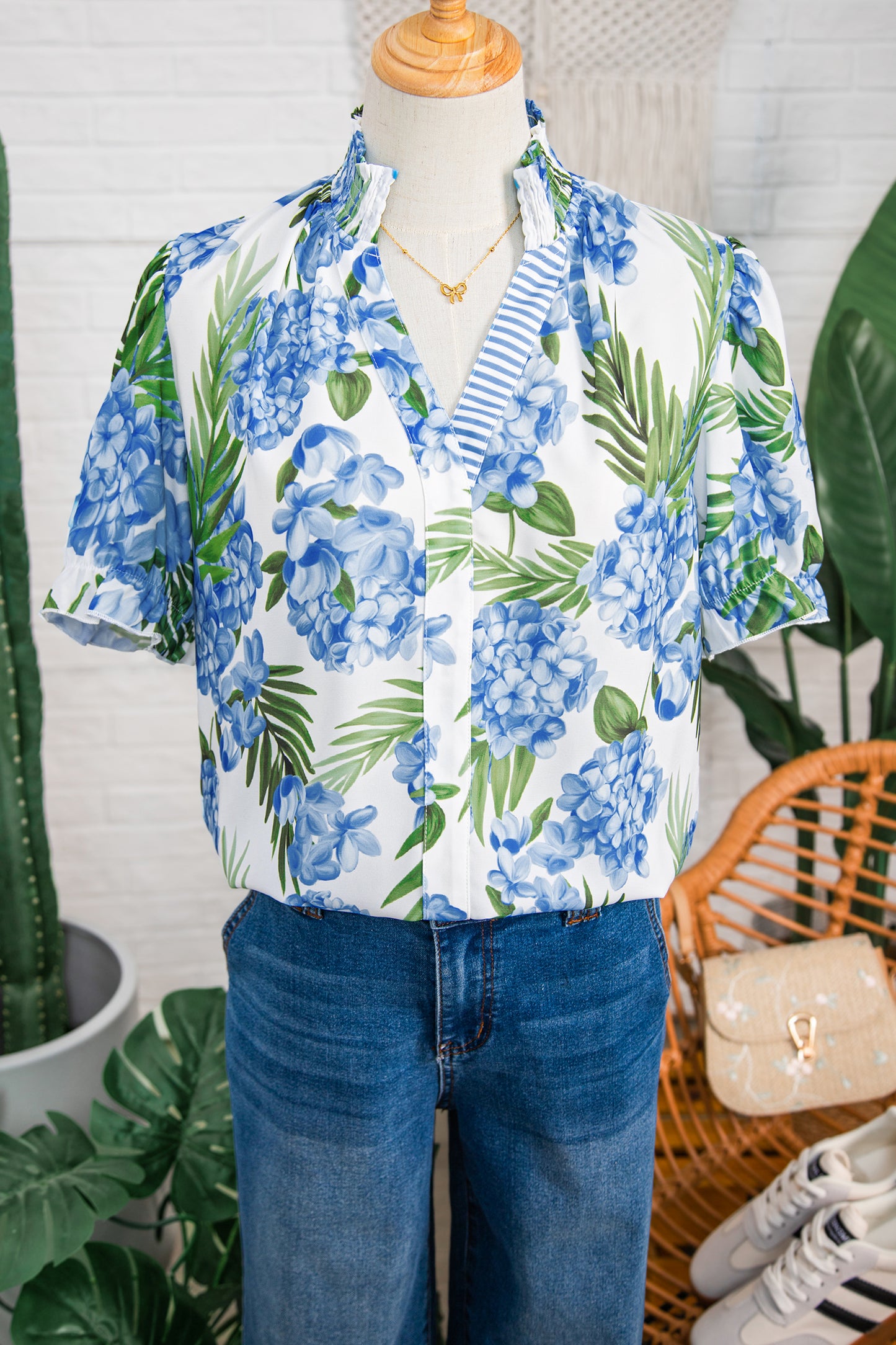 Sky Blue Palm Floral Print Striped Patchwork V Neck Short Sleeve Blouse-Tops/Blouses & Shirts-[Adult]-[Female]-2022 Online Blue Zone Planet