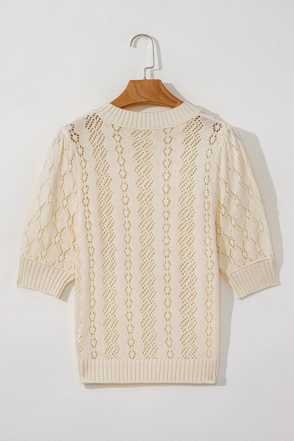 Beige Hollowed Pattern Knit Short Puff Sleeve Sweater-Sweaters & Cardigans/Short Sleeve Sweaters-[Adult]-[Female]-2022 Online Blue Zone Planet