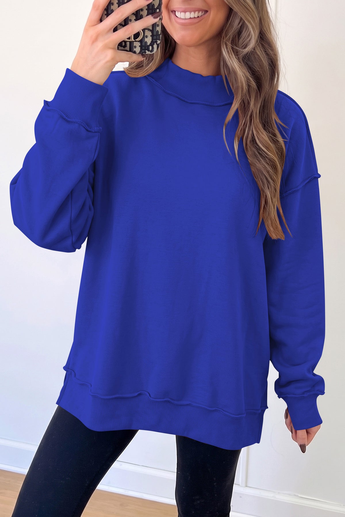 Black Oversize Drop Shoulder Reversible Mock Neck Sweatshirt-Tops/Sweatshirts & Hoodies-[Adult]-[Female]-2022 Online Blue Zone Planet