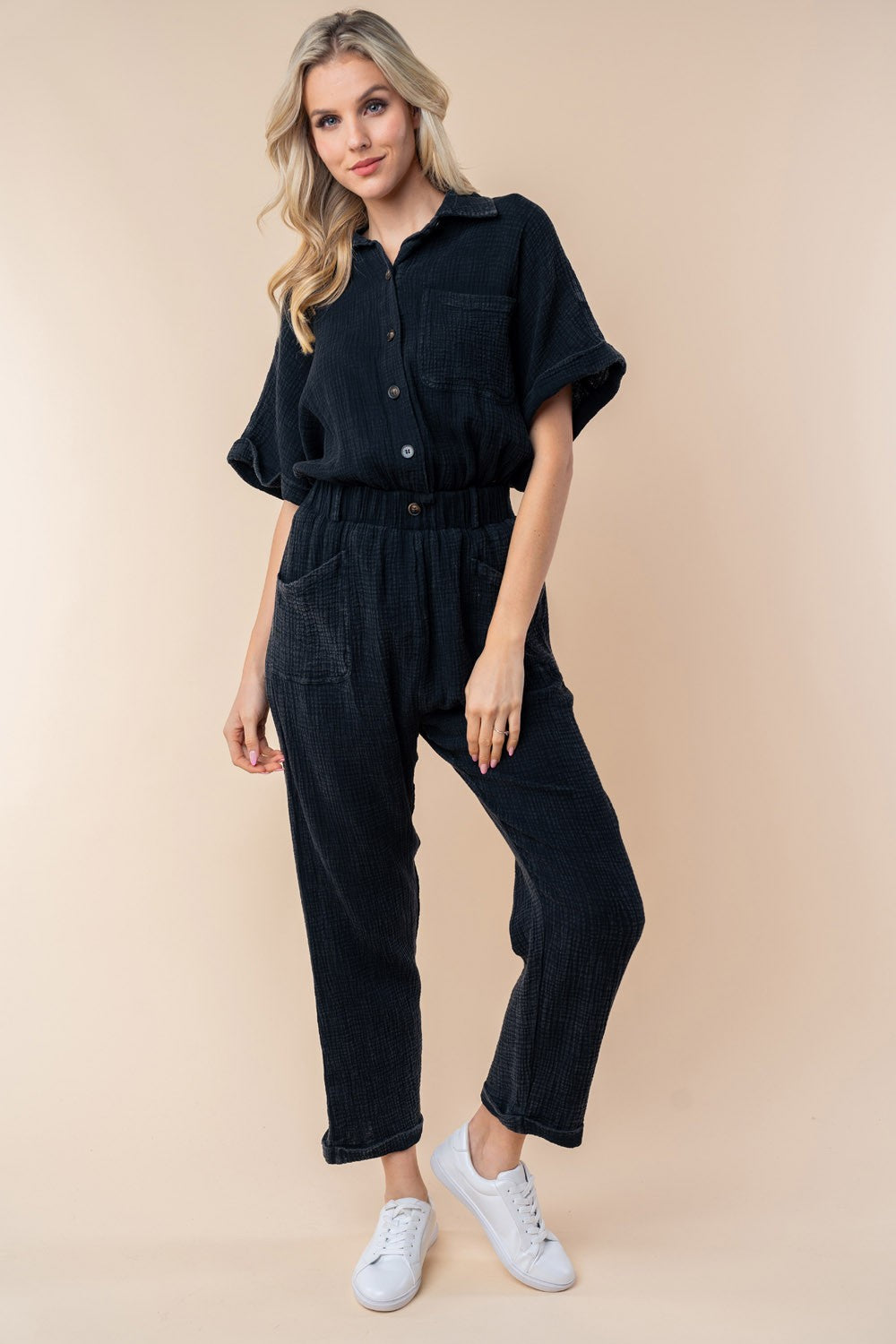 Blue Zone Planet | White Birch Texture Short Sleeve Jumpsuit-TOPS / DRESSES-[Adult]-[Female]-2022 Online Blue Zone Planet