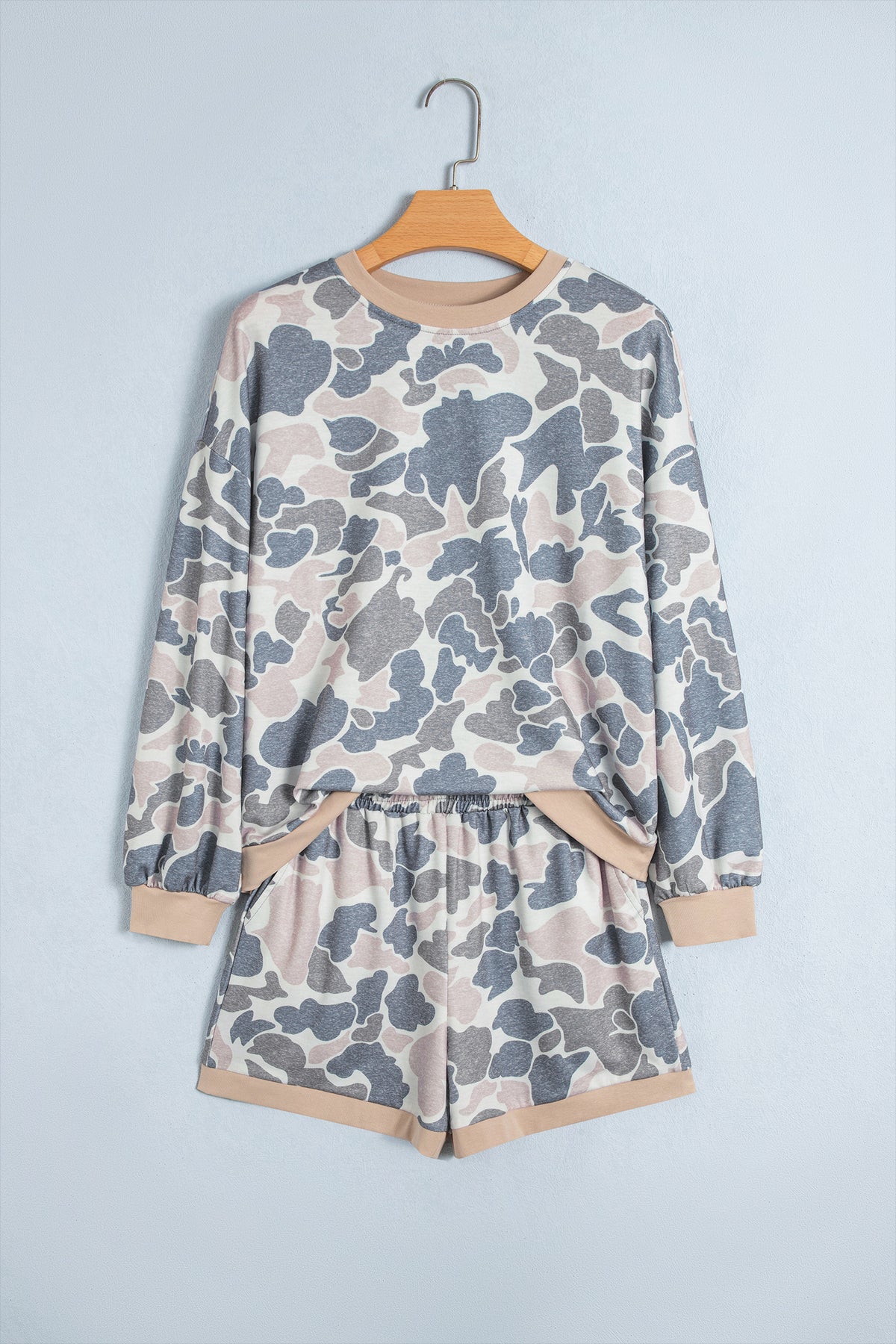 Multicolour Camouflage Patchwork Colorblock 2pcs Long Sleeve Top and Shorts Set-Two Piece Sets/Short Sets-[Adult]-[Female]-2022 Online Blue Zone Planet
