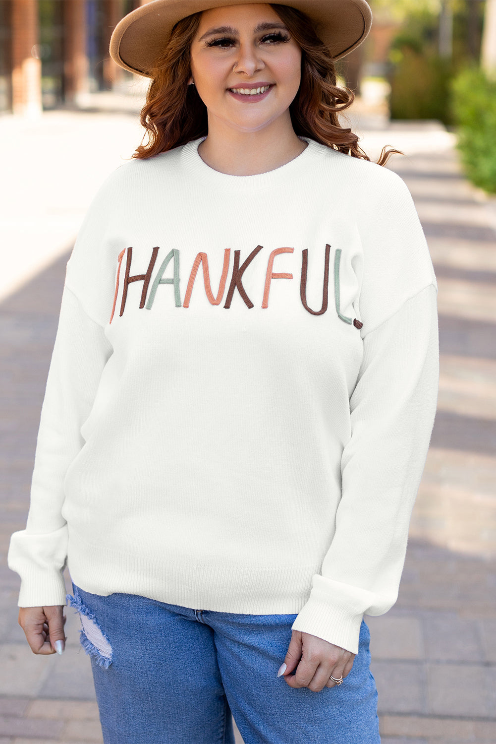 Blue Zone Planet | White Plus Size Thankful Ivory Embroidered Sweater-Plus Size/Plus Size Sweaters & Cardigans-[Adult]-[Female]-2022 Online Blue Zone Planet