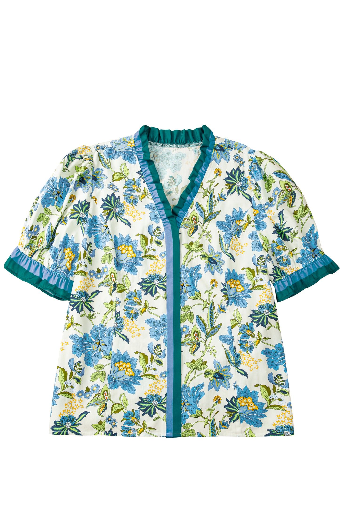 Sky Blue Plus Size Frilled V Neck Short Sleeve Floral Blouse-Plus Size/Plus Size Tops/Plus Size Blouses & Shirts-[Adult]-[Female]-2022 Online Blue Zone Planet