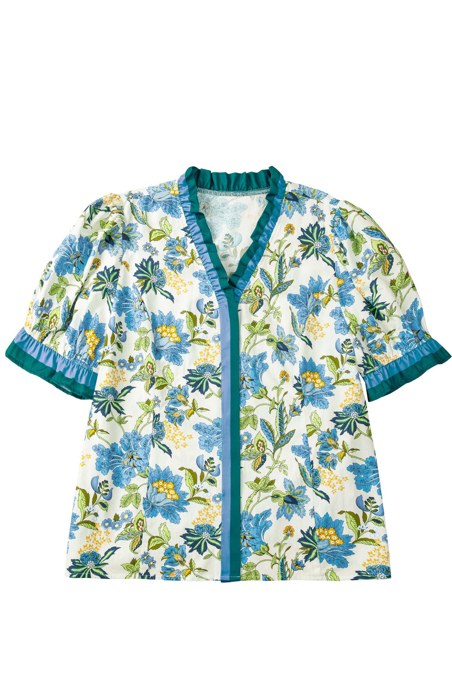 Sky Blue Plus Size Frilled V Neck Short Sleeve Floral Blouse-Plus Size/Plus Size Tops/Plus Size Blouses & Shirts-[Adult]-[Female]-2022 Online Blue Zone Planet