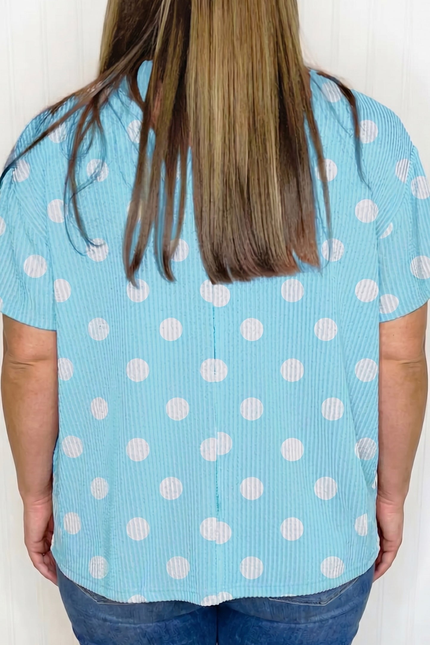 Sky Blue Twisted Rib Polka Dot Print Plus Size T Shirt-Plus Size/Plus Size Tops/Plus Size Tops & Tees-[Adult]-[Female]-2022 Online Blue Zone Planet