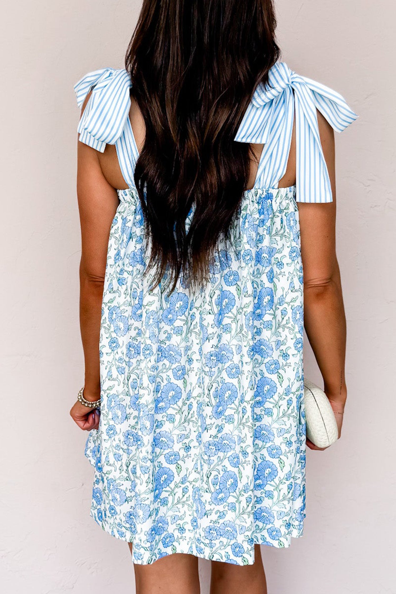 Sky Blue Floral Print Striped Patchwork Bow Knot Straps Mini Dress-TOPS / DRESSES-[Adult]-[Female]-2022 Online Blue Zone Planet