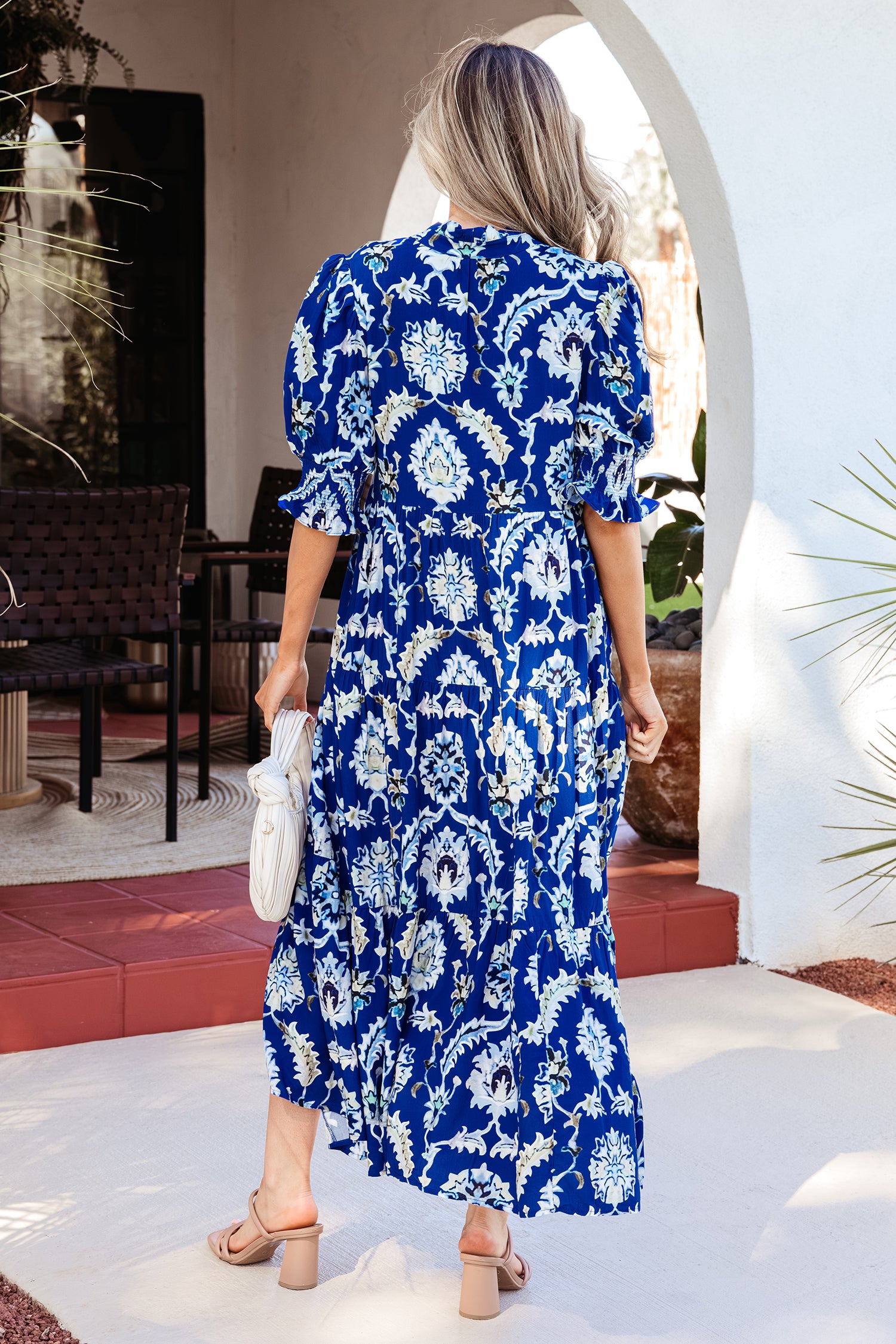 Blue Wild Floral Print Frilled Collar Half Sleeve Long Dress-TOPS / DRESSES-[Adult]-[Female]-2022 Online Blue Zone Planet