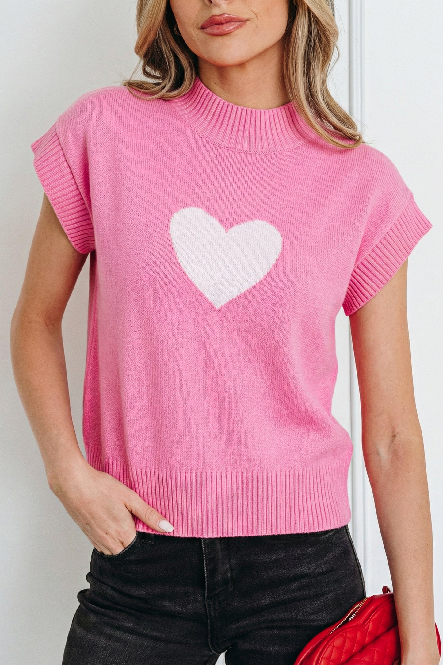 Pink Valentine Heart Graphic Cropped Short Sleeve Sweater-TOPS / DRESSES-[Adult]-[Female]-2022 Online Blue Zone Planet