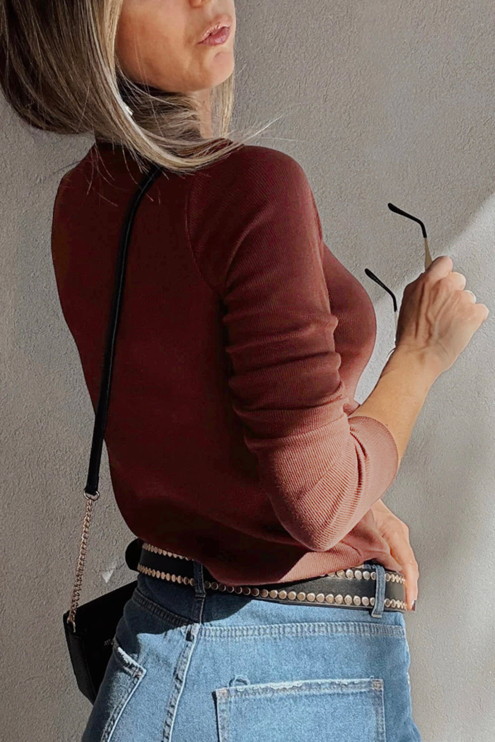 Burgundy Gathered Bust Square Neck Ribbed Fit Long Sleeve Top-Tops/Long Sleeve Tops-[Adult]-[Female]-2022 Online Blue Zone Planet