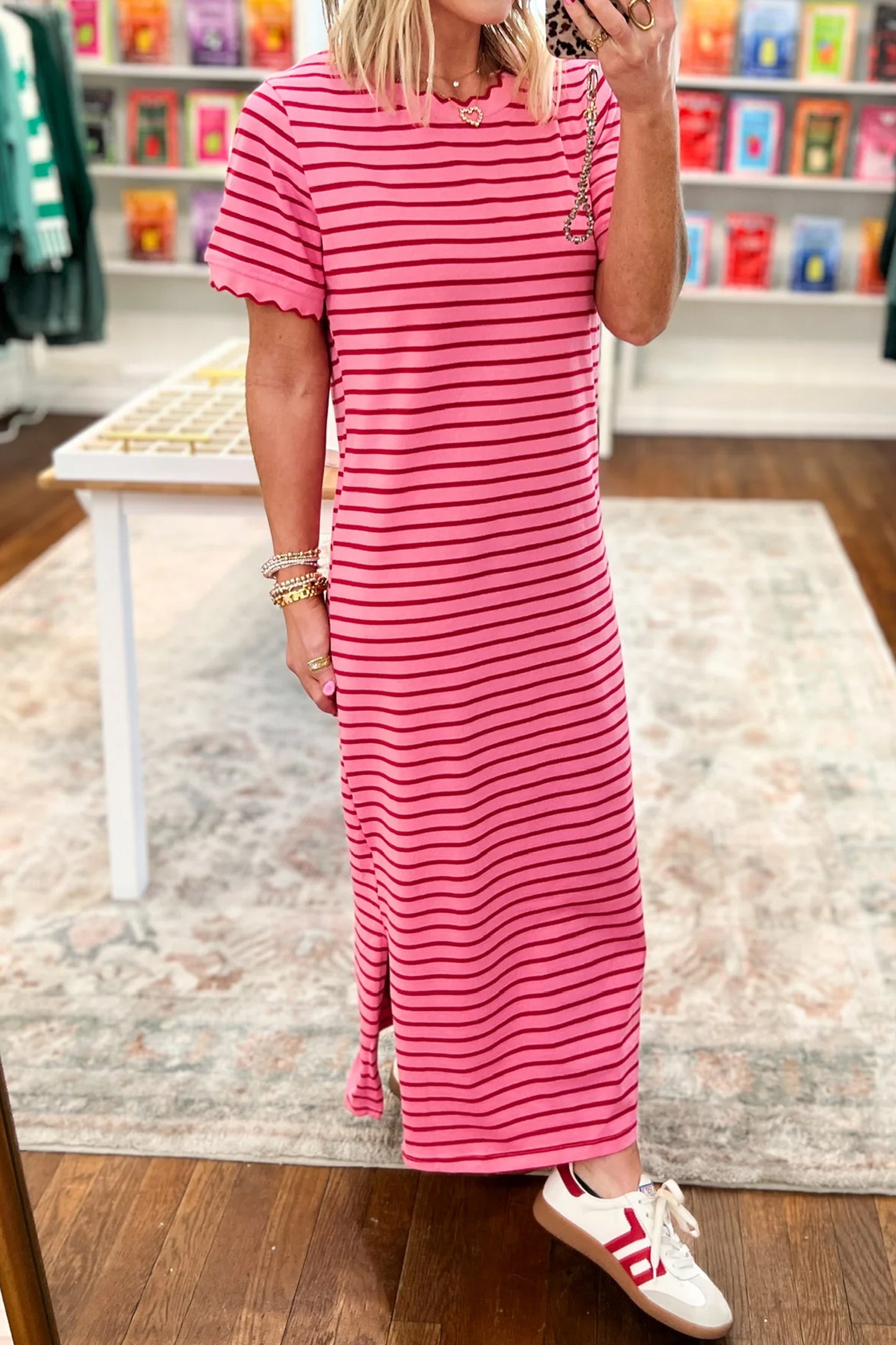 Rose Stripe Striped Short Sleeve Scalloped Trim Side Slit T-Shirt Dress-Dresses/T Shirt Dresses-[Adult]-[Female]-2022 Online Blue Zone Planet