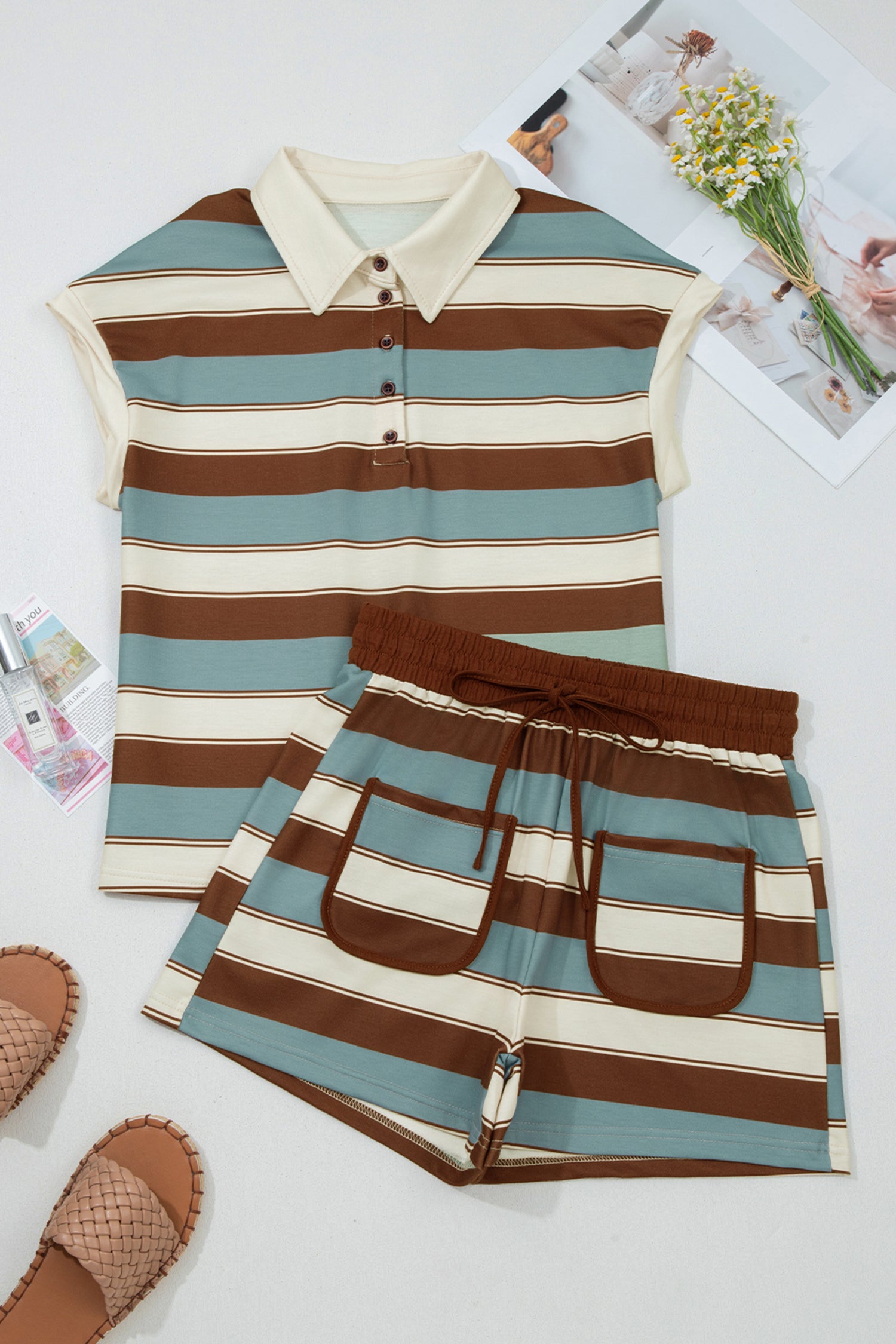 White Stripe Button Polo Collar Tee Drawstring Elastic Waist Patchwork 2pcs Short Set-Two Piece Sets/Short Sets-[Adult]-[Female]-2022 Online Blue Zone Planet