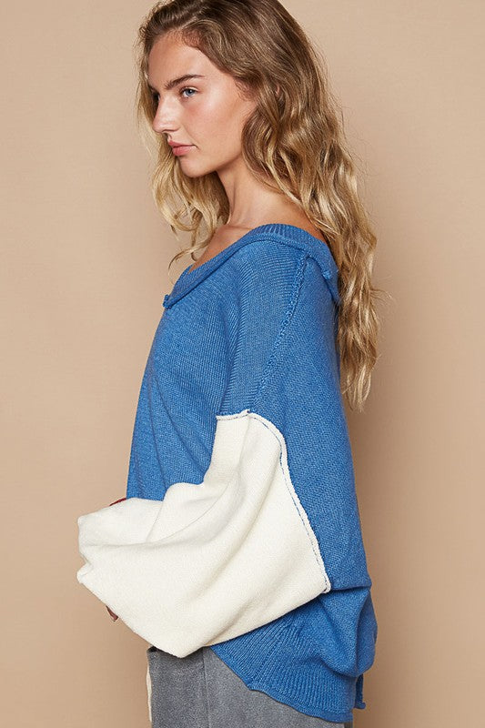 Blue Zone Planet | POL Exposed Seam Contrast V-Neck Lantern Sleeve Sweater-TOPS / DRESSES-[Adult]-[Female]-2022 Online Blue Zone Planet