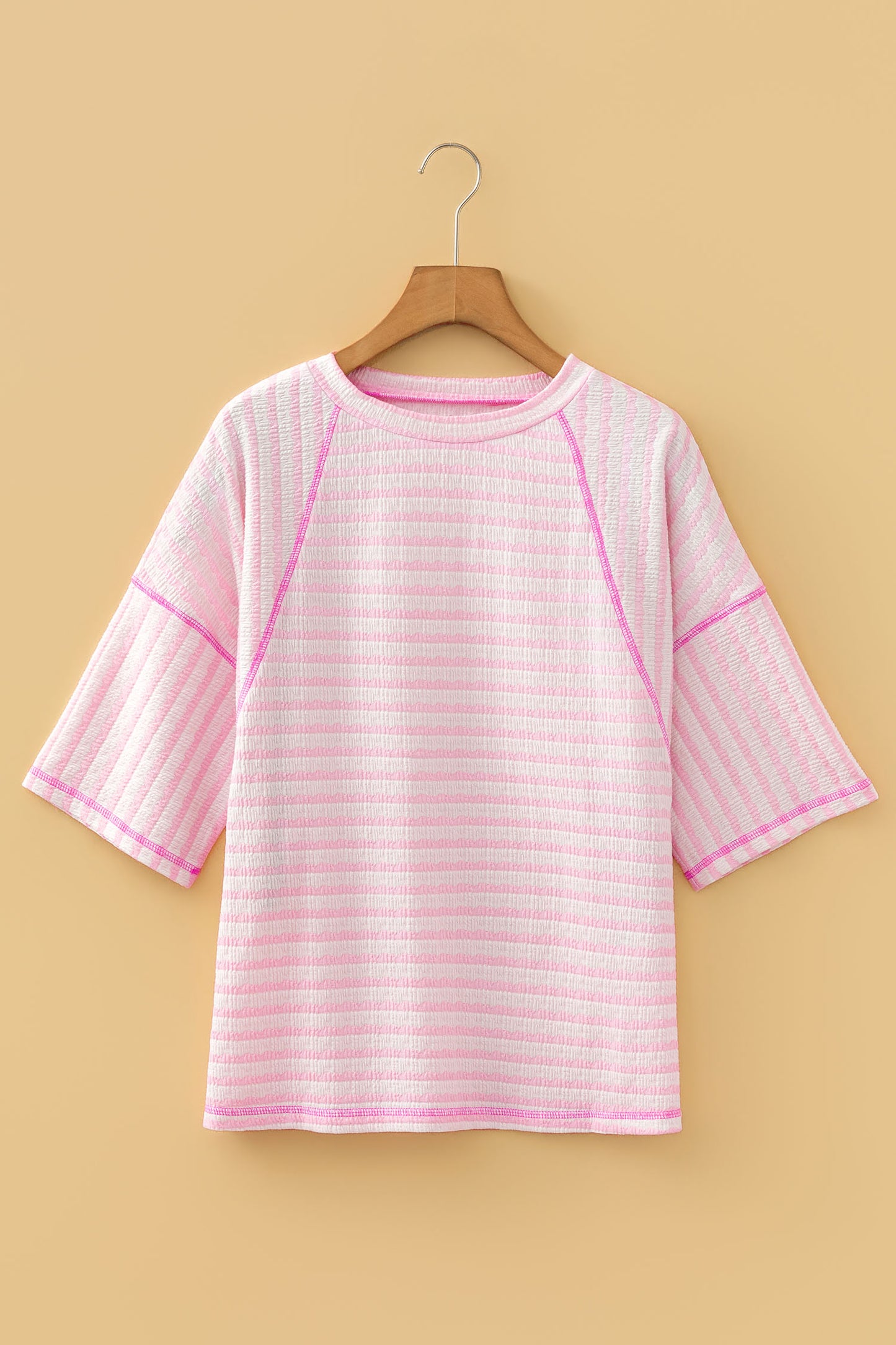 Pink Stripe Textured Knit Split Hem Half Sleeve Loose Top-Tops/Tops & Tees-[Adult]-[Female]-2022 Online Blue Zone Planet