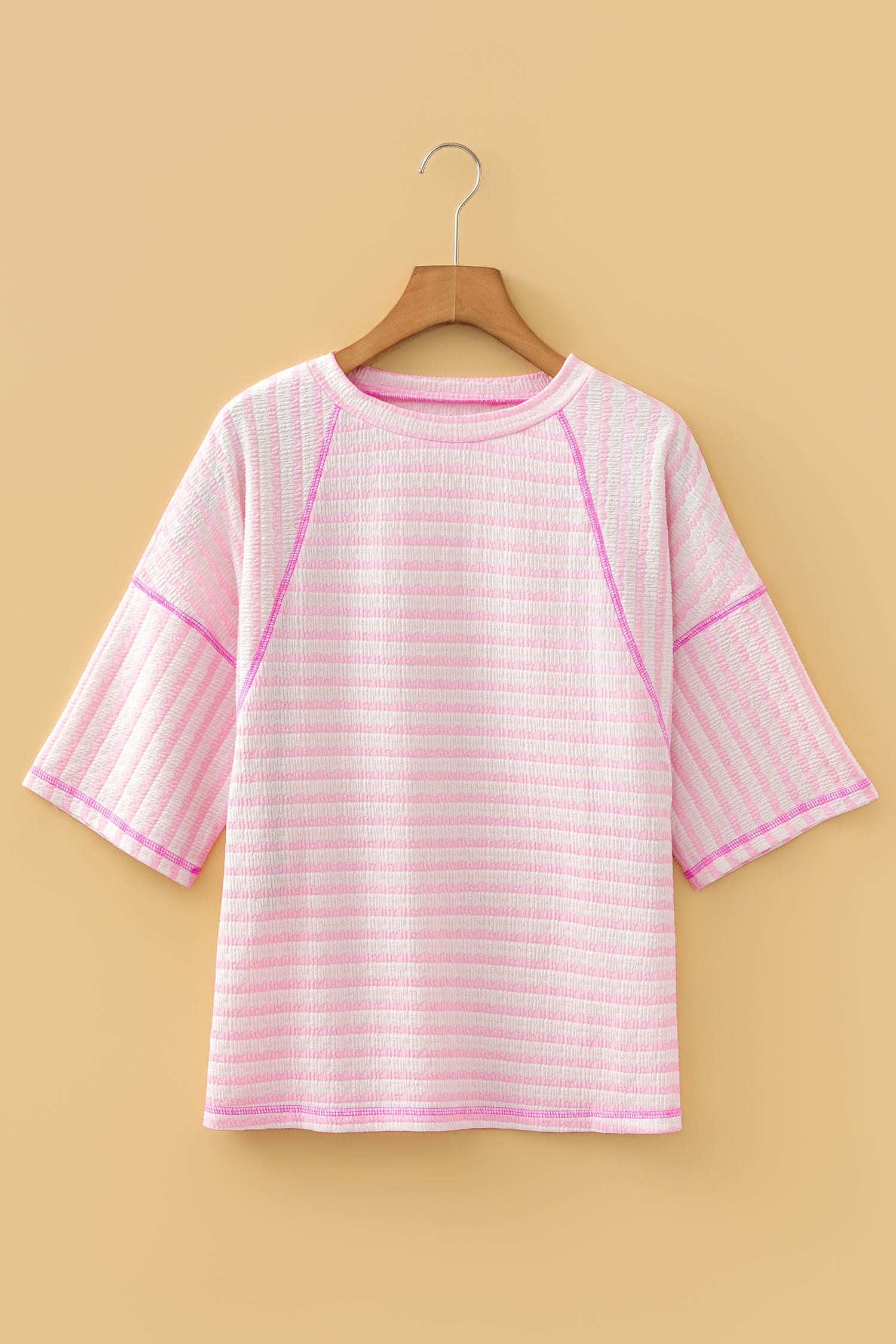 Pink Stripe Textured Knit Split Hem Half Sleeve Loose Top-Tops/Tops & Tees-[Adult]-[Female]-2022 Online Blue Zone Planet