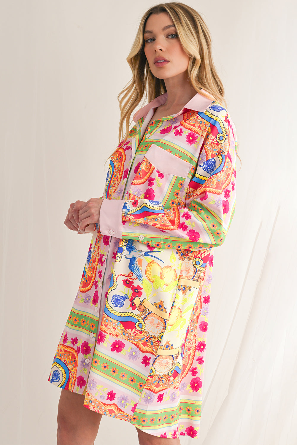 Multicolour Abstract Print Button Long Sleeve Shirt Dress-Short Dresses-[Adult]-[Female]-2022 Online Blue Zone Planet