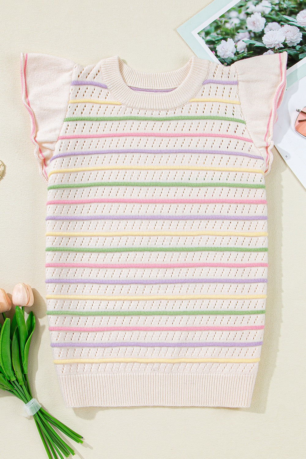 Striped Eyelet Ruffled Sleeve Sweater Sweater Vest-TOPS / DRESSES-[Adult]-[Female]-2022 Online Blue Zone Planet