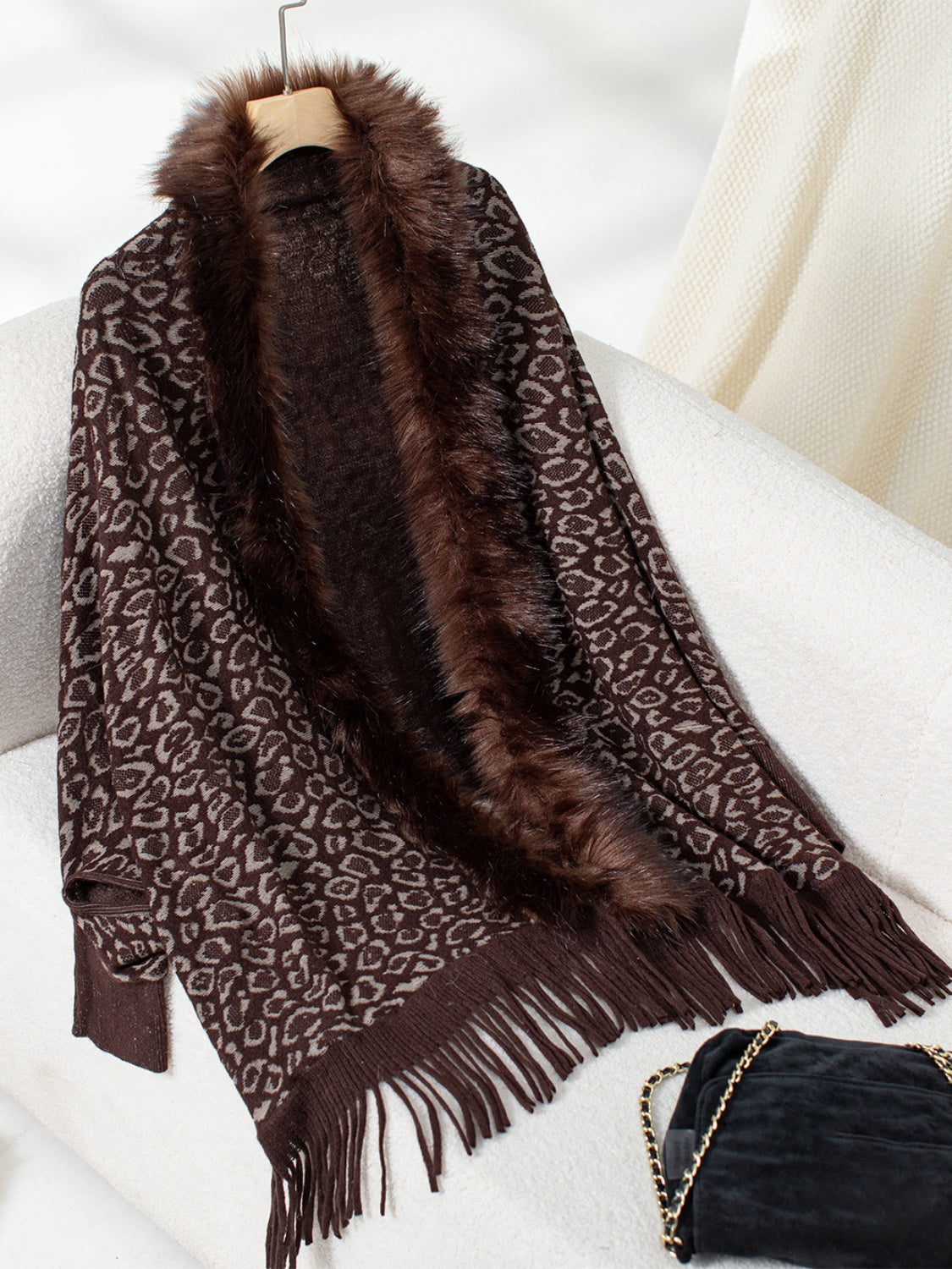 Fringe Leopard Open Front Long Sleeve Poncho-TOPS / DRESSES-[Adult]-[Female]-Chocolate-One Size-2022 Online Blue Zone Planet