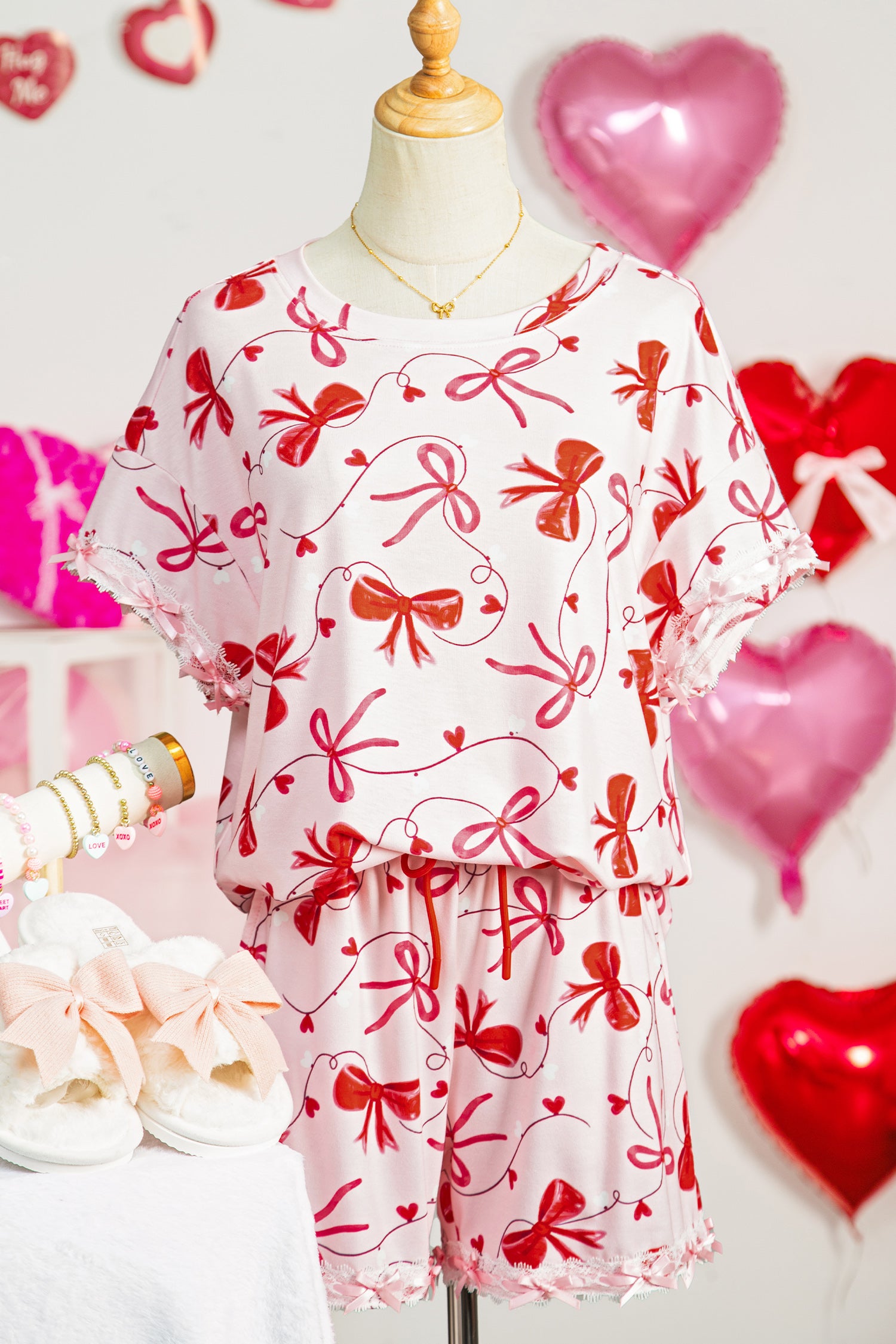 Red Romantic Bow Print Loose Tee Drawstring Shorts 2pcs Lounge Set-Loungewear & Sleepwear/Loungewear-[Adult]-[Female]-2022 Online Blue Zone Planet