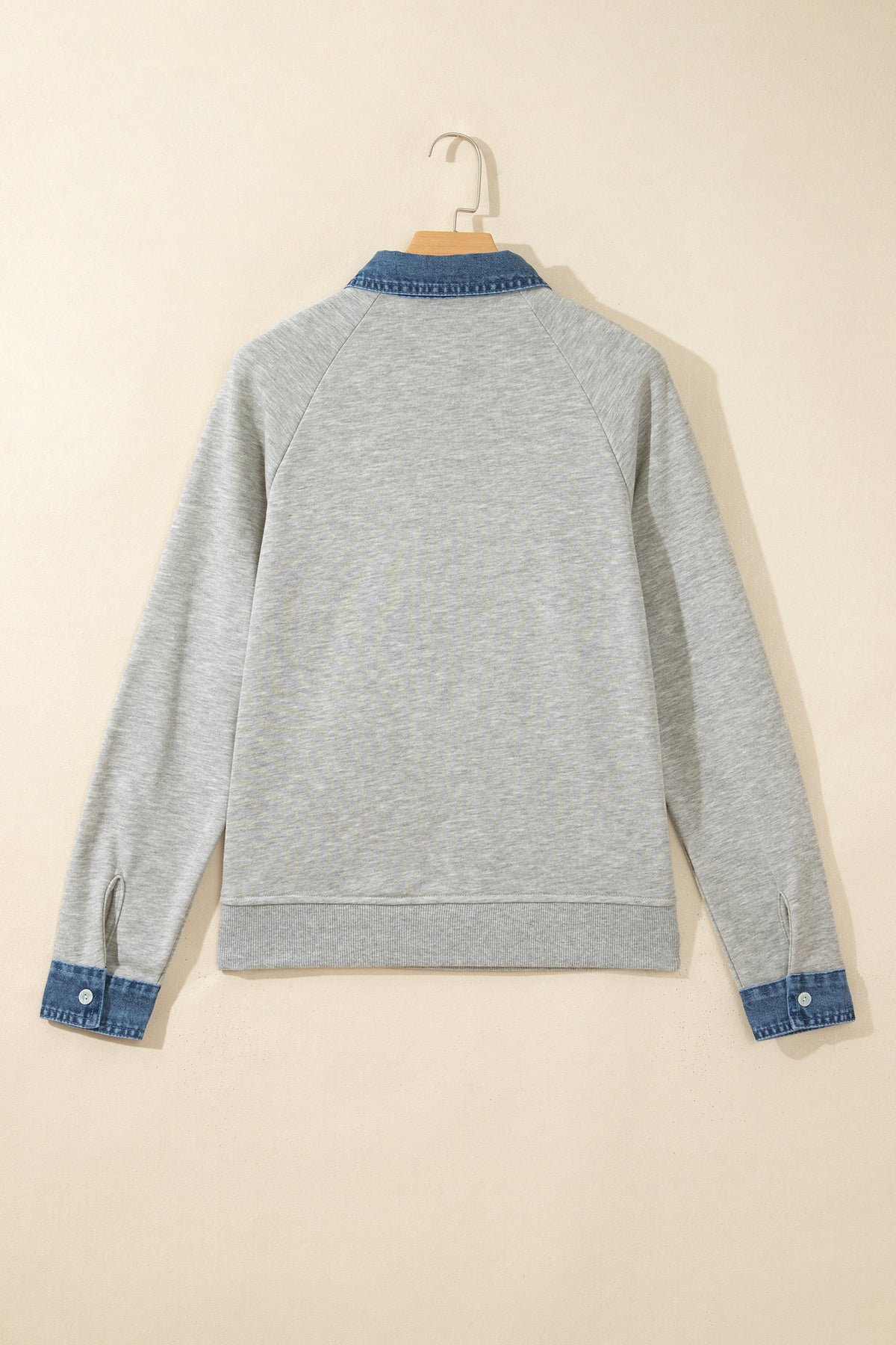 Gray Denim Collar Patchwork Long Sleeve Pullover Top-Tops/Long Sleeve Tops-[Adult]-[Female]-2022 Online Blue Zone Planet