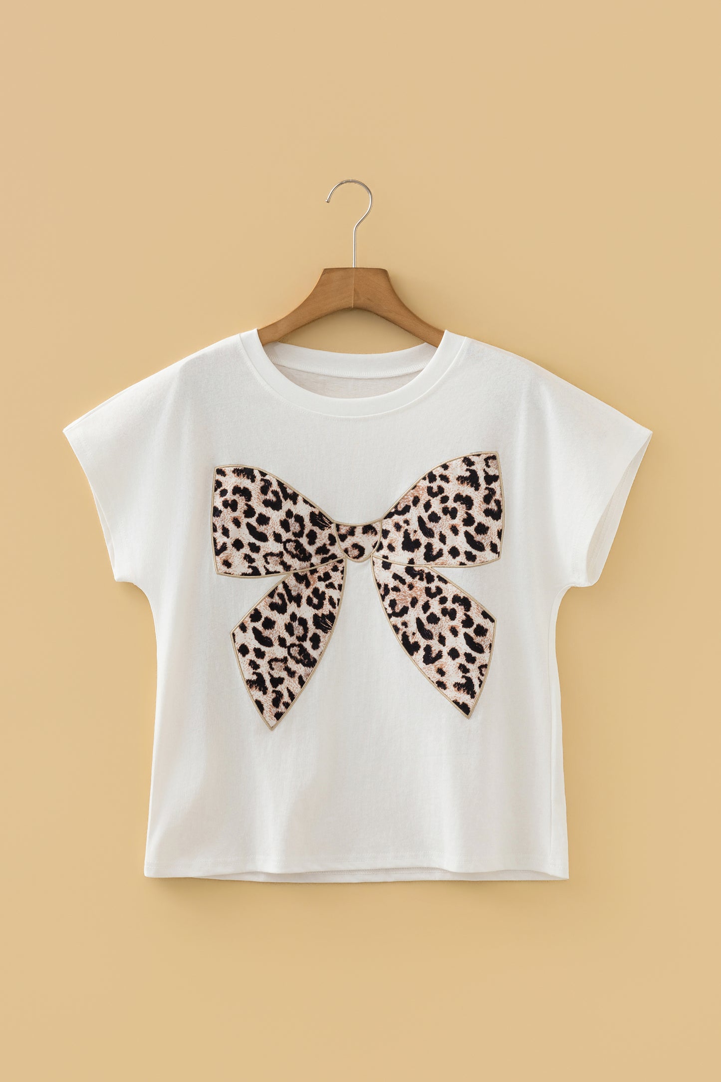 White Leopard Bow Embroidered Cotton Round Neck T Shirt-Tops/Tops & Tees-[Adult]-[Female]-2022 Online Blue Zone Planet