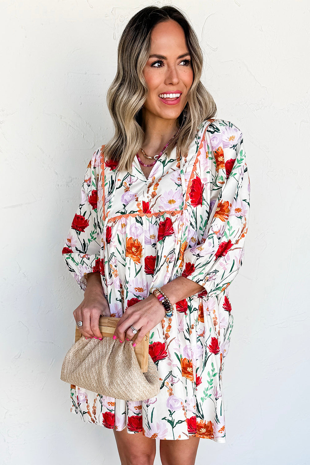 Beige Floral Print 3/4 Puff Sleeve Ricrac Trim Mini Dress-TOPS / DRESSES-[Adult]-[Female]-2022 Online Blue Zone Planet