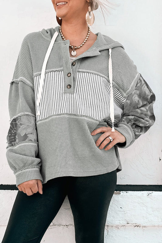 Gray Waffle Printed Patchwork Drawstring Hooded Long Sleeve Top-Tops / Dresses-[Adult]-[Female]-Gray-S-2022 Online Blue Zone Planet