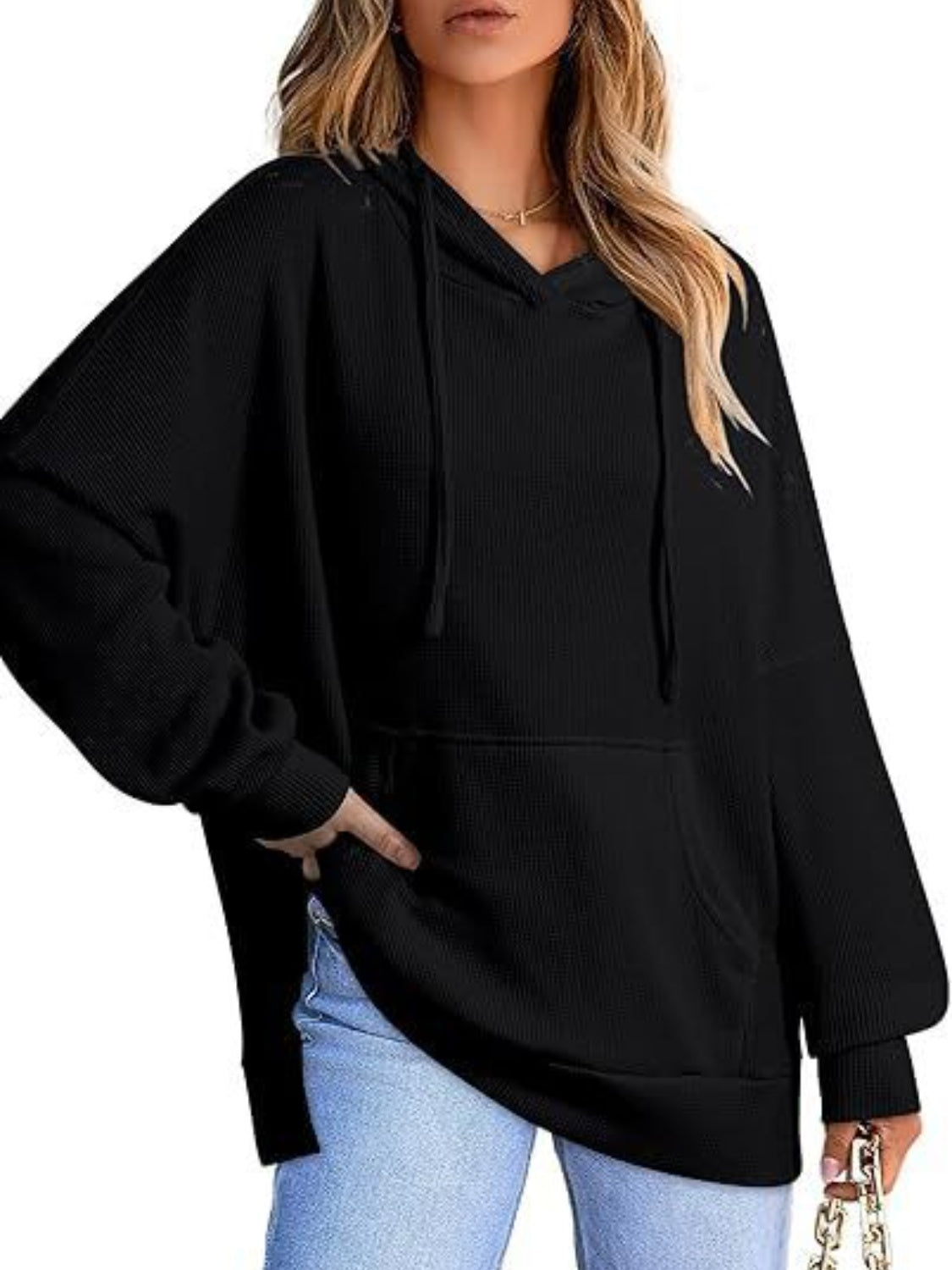 Drawstring Slit Long Sleeve Hoodie-TOPS / DRESSES-[Adult]-[Female]-Black-S-2022 Online Blue Zone Planet