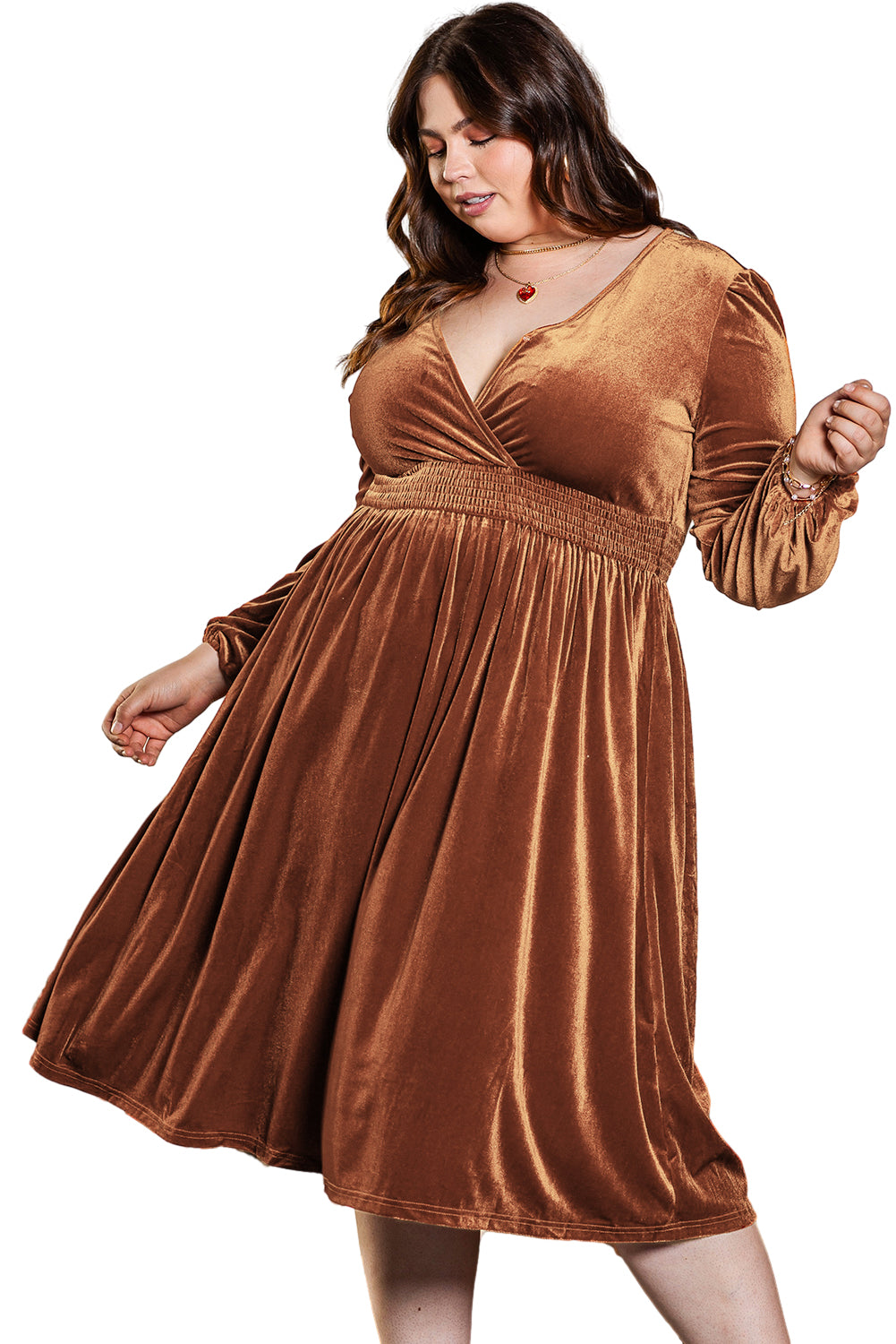 Camel Surplice V Neck Balloon Sleeve Velvet Dress-TOPS / DRESSES-[Adult]-[Female]-2022 Online Blue Zone Planet