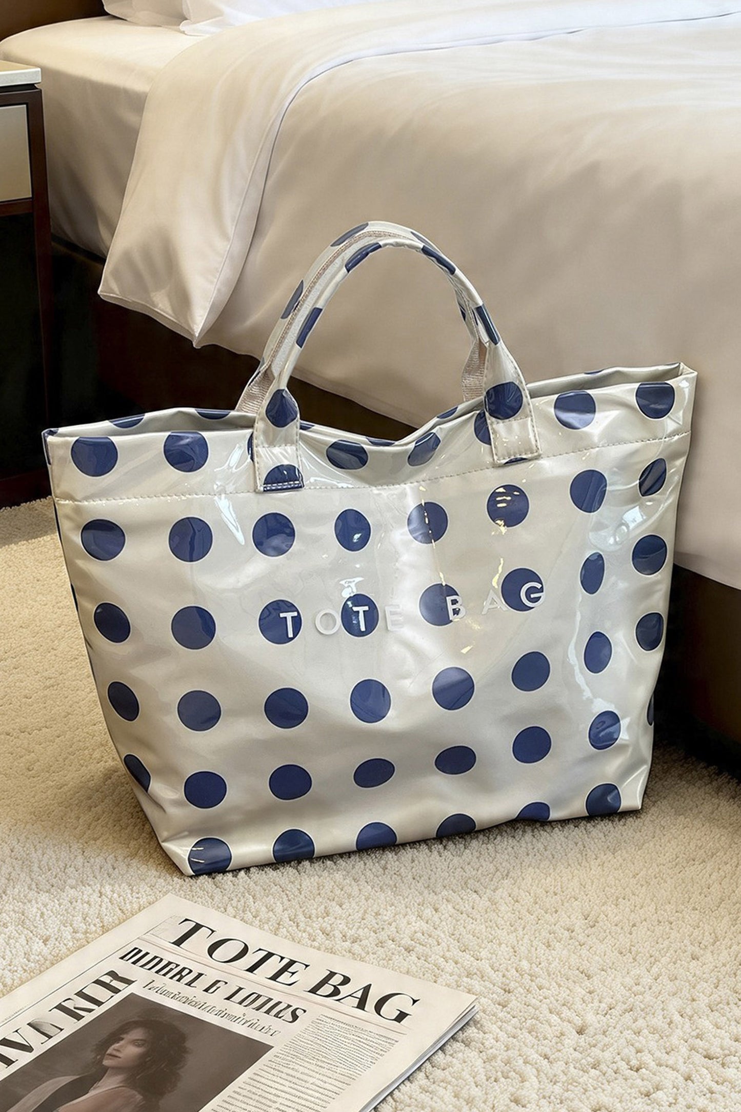 Dark Blue Polka Dot Durable Waterproof PVC Tote Bag