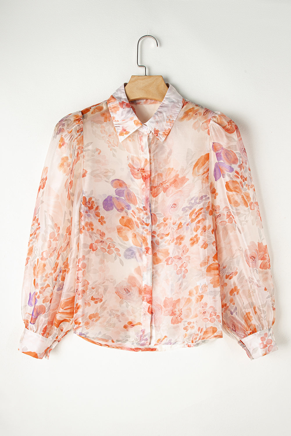 White Floral Print Collared Balloon Sleeve Loose Shirt-Tops/Blouses & Shirts-[Adult]-[Female]-2022 Online Blue Zone Planet