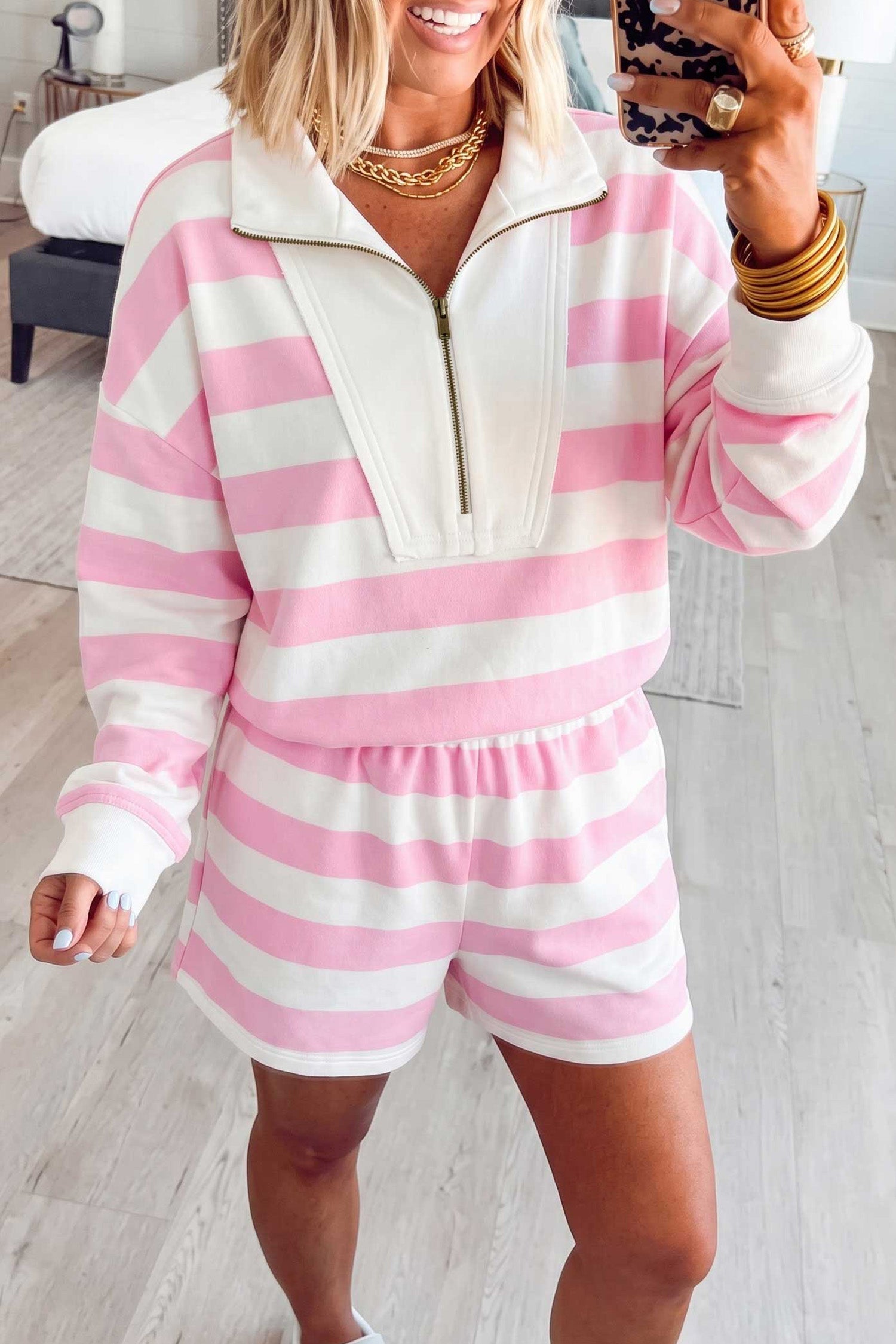 Pink Stripe Patchwork Zipper Pullover Elastic Waist Shorts 2pcs Set-Two Piece Sets/Short Sets-[Adult]-[Female]-Pink Stripe-S-2022 Online Blue Zone Planet