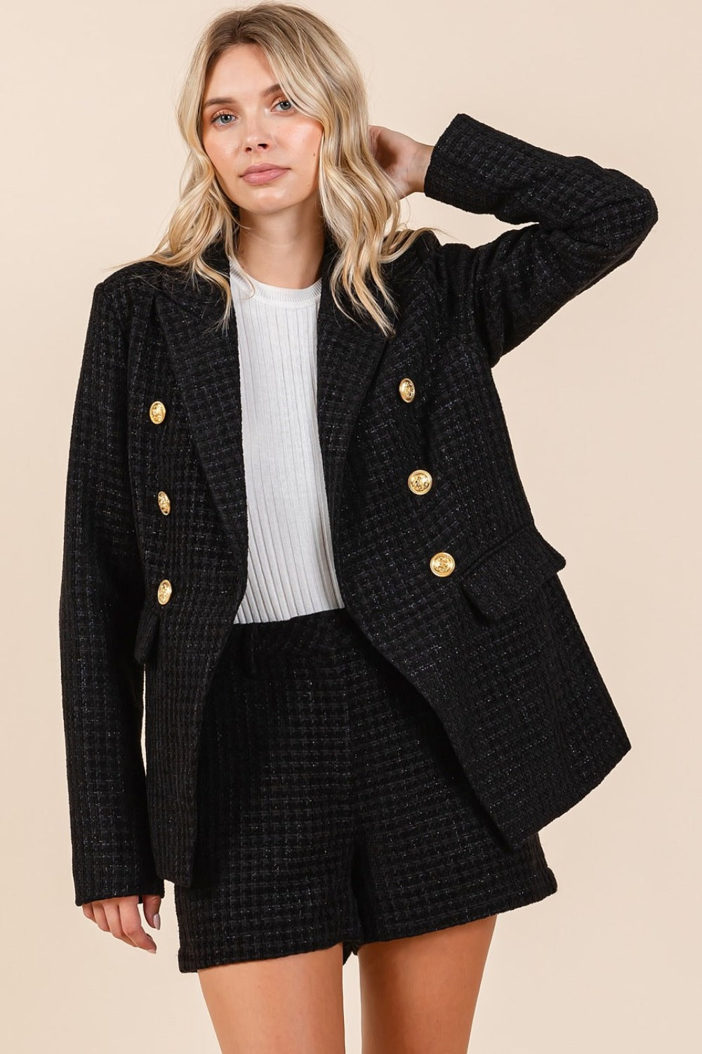 Blue Zone Planet | Mittoshop Plaid Texture Double-Breasted Long Sleeve Blazer-TOPS / DRESSES-[Adult]-[Female]-2022 Online Blue Zone Planet